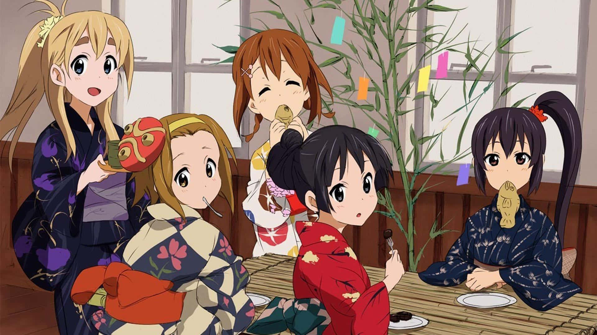 From left to right, Mio Akiyama, Ui Hirasawa, Yui Hirasawa, and Ritsu Tainaka make up the main girls of the Japanese Anime "K-ON!"