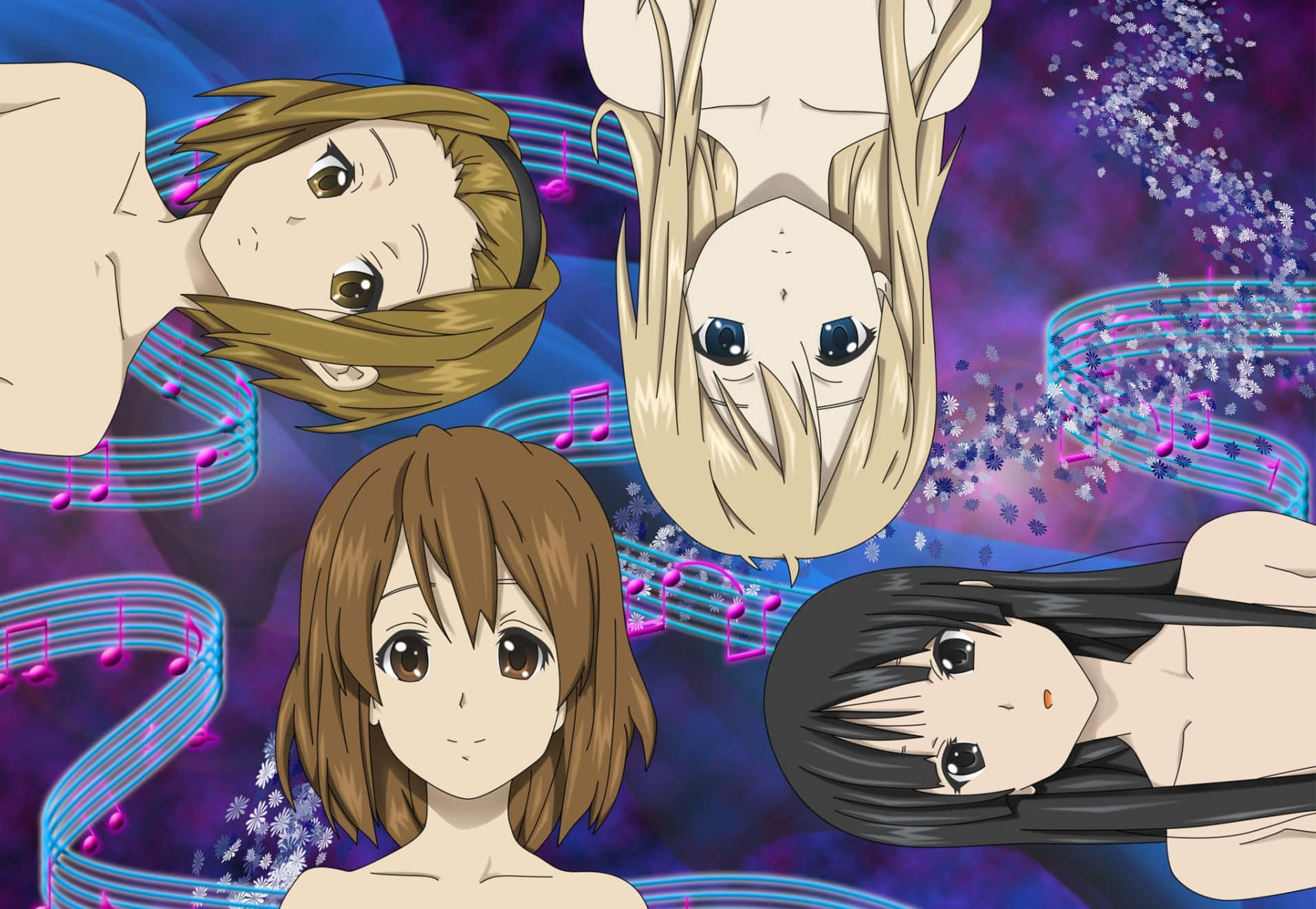 Four Anime Girls Standing In Front Of Music Notes