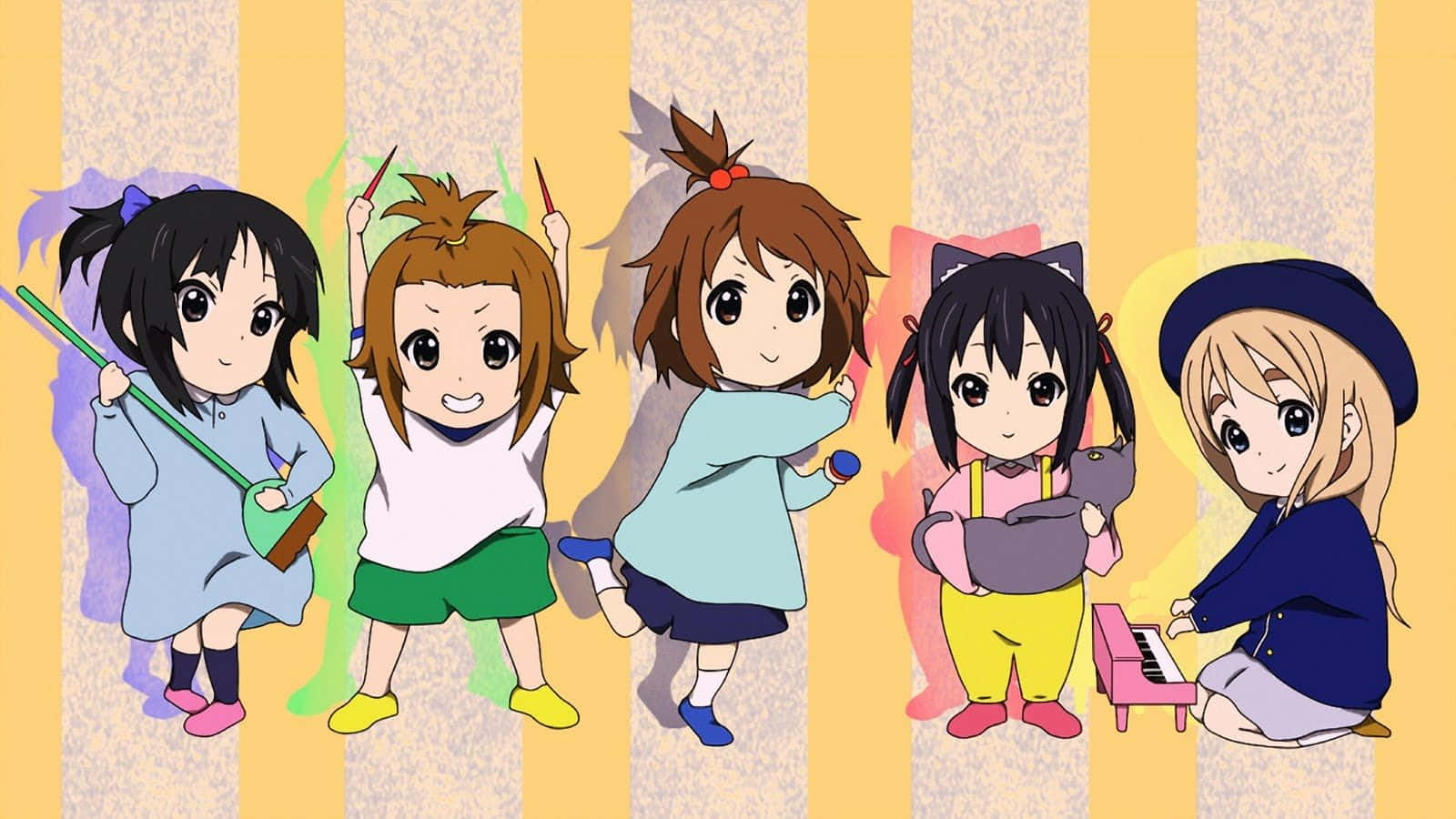 Einegruppe Von Anime-mädchen Steht Vor Einem Gelben Und Weißen Hintergrund.