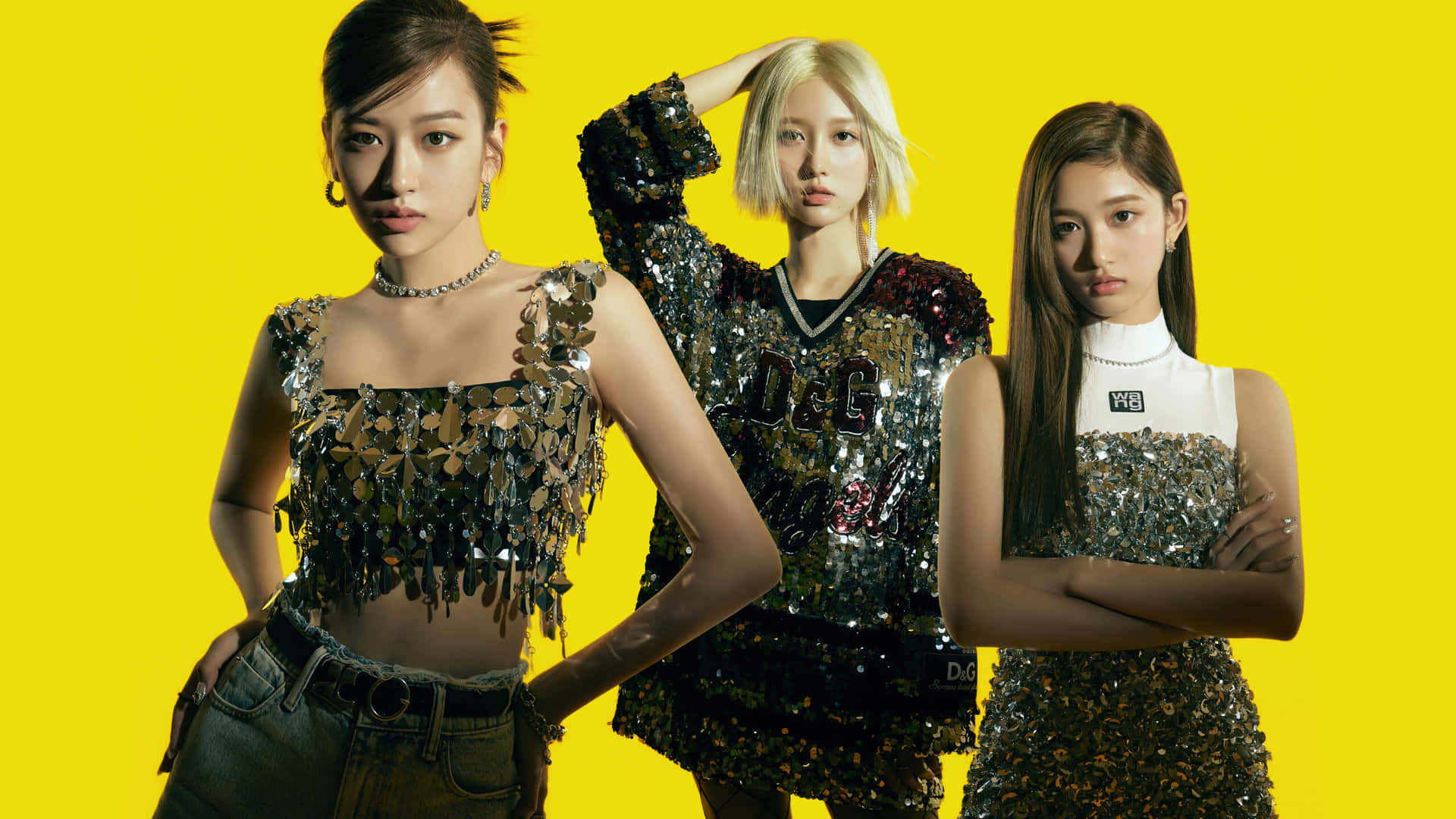 K Pop_ Trio_in_ Sequined_ Outfits Wallpaper