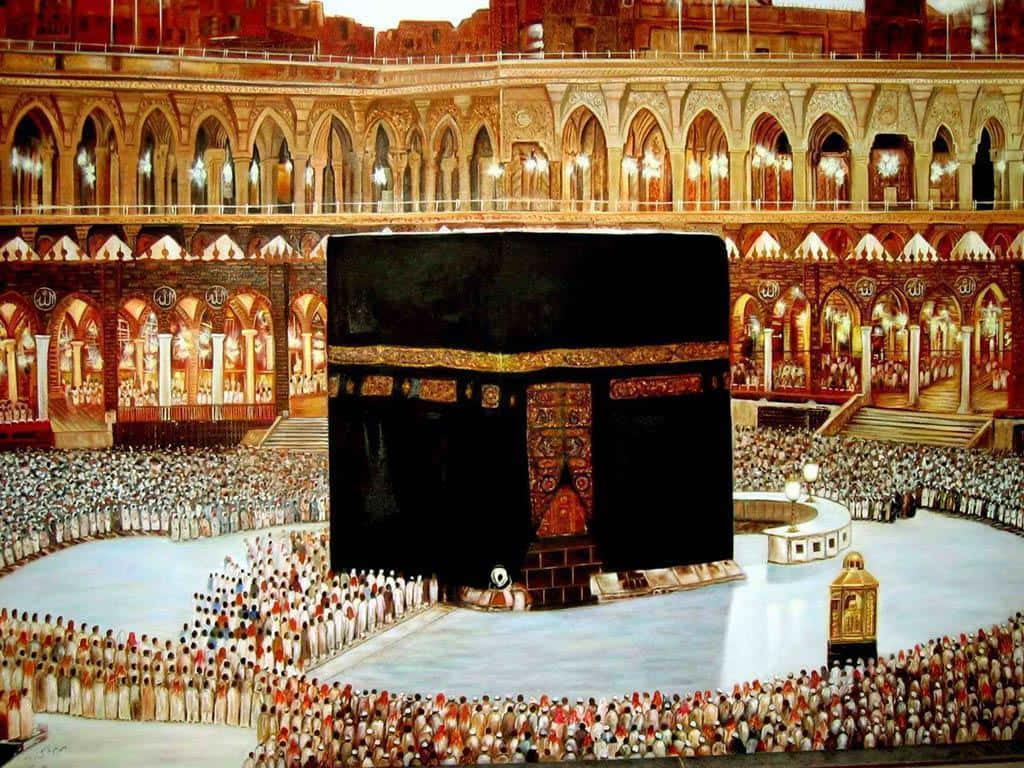 A Painting Of The Kaaba In A Large Building