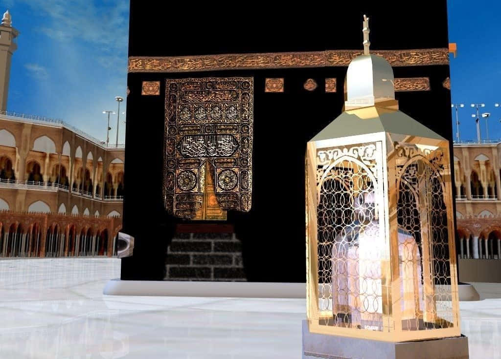 Einegoldene Laterne Ist Vor Der Kaaba Platziert.