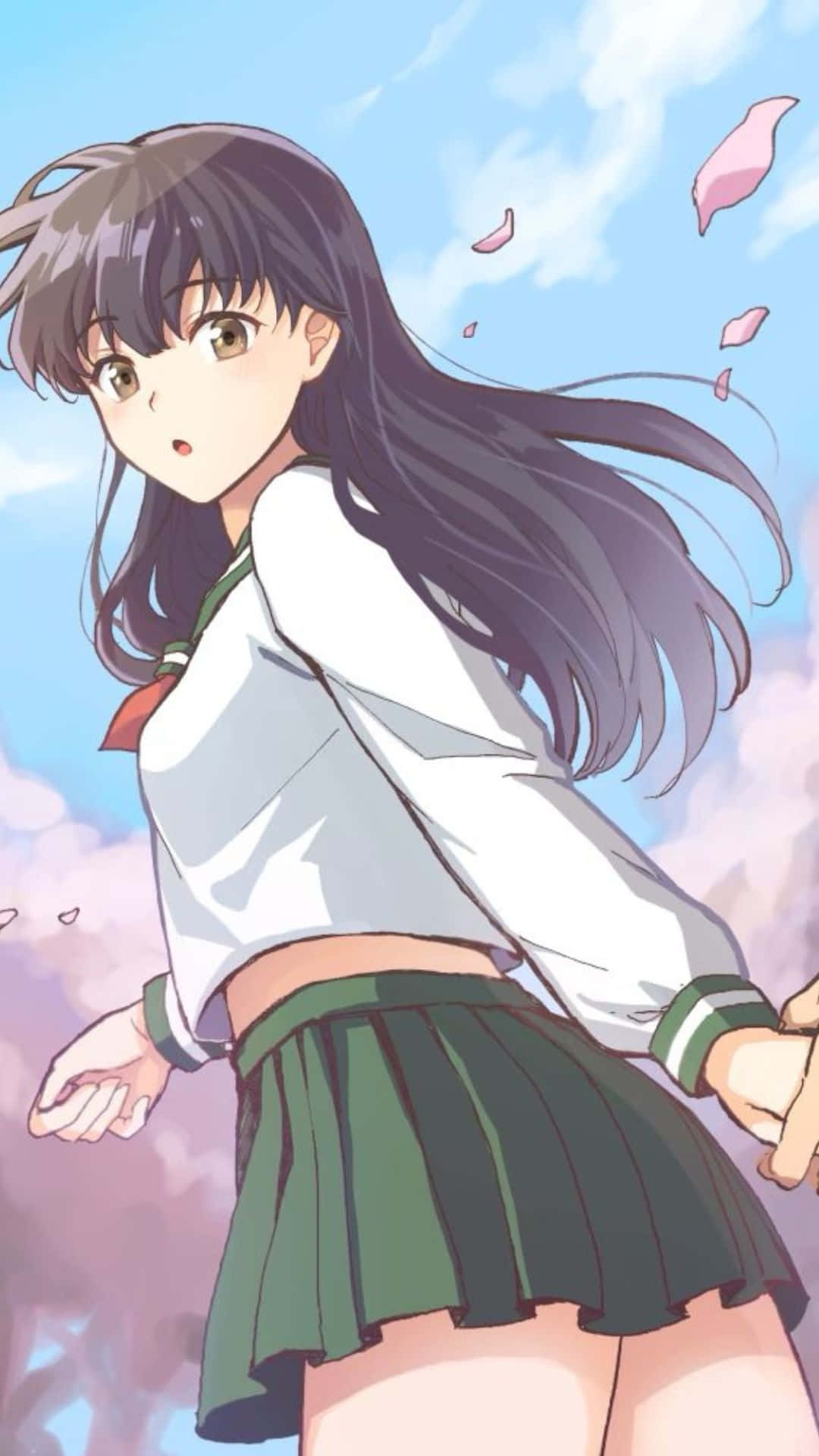 Kagome Higurashi wielding her bow and arrow against a serene backdrop Wallpaper
