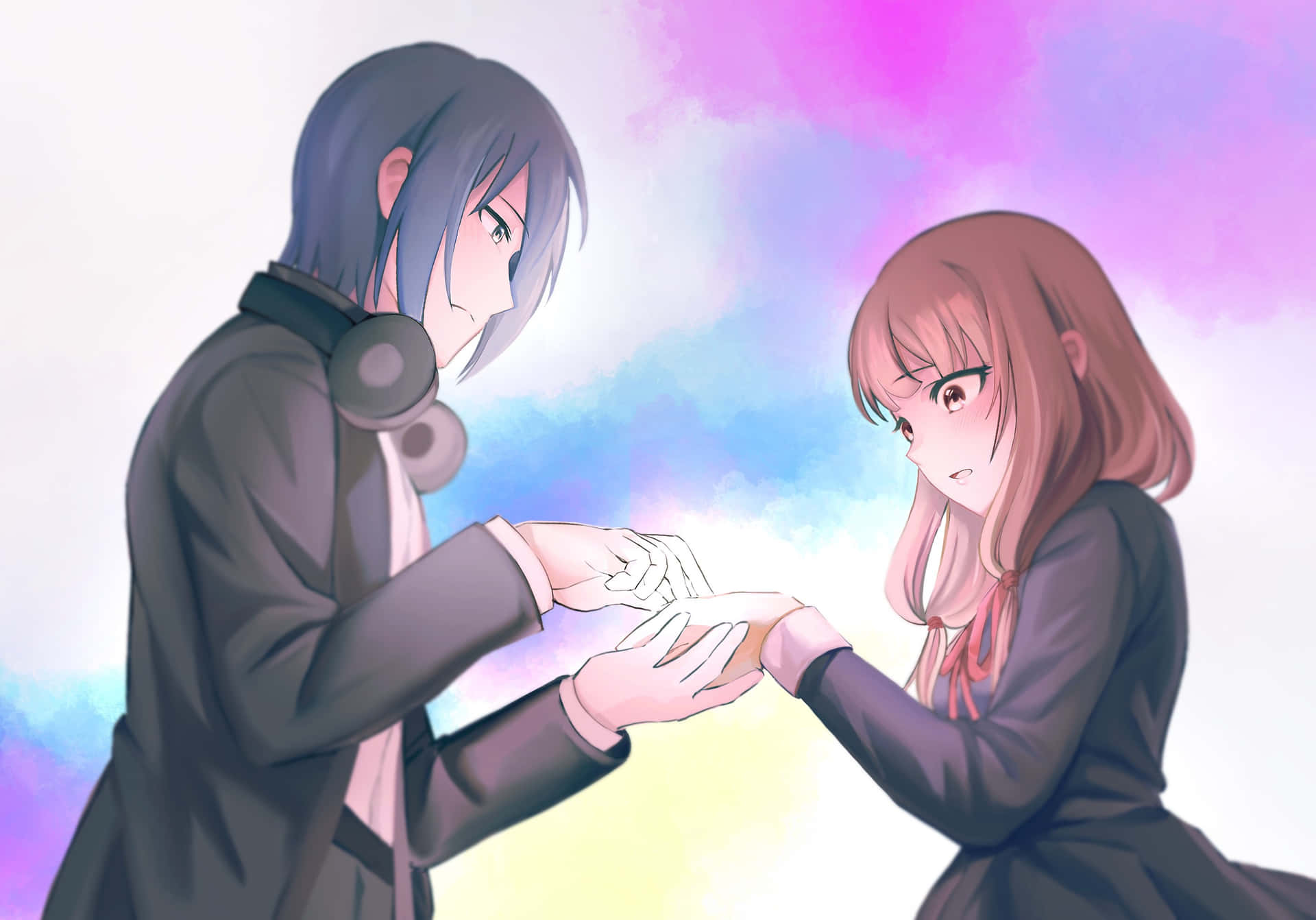 En håndfuld animefigurer holder hinanden i hånden foran et hvidt baggrund. Wallpaper