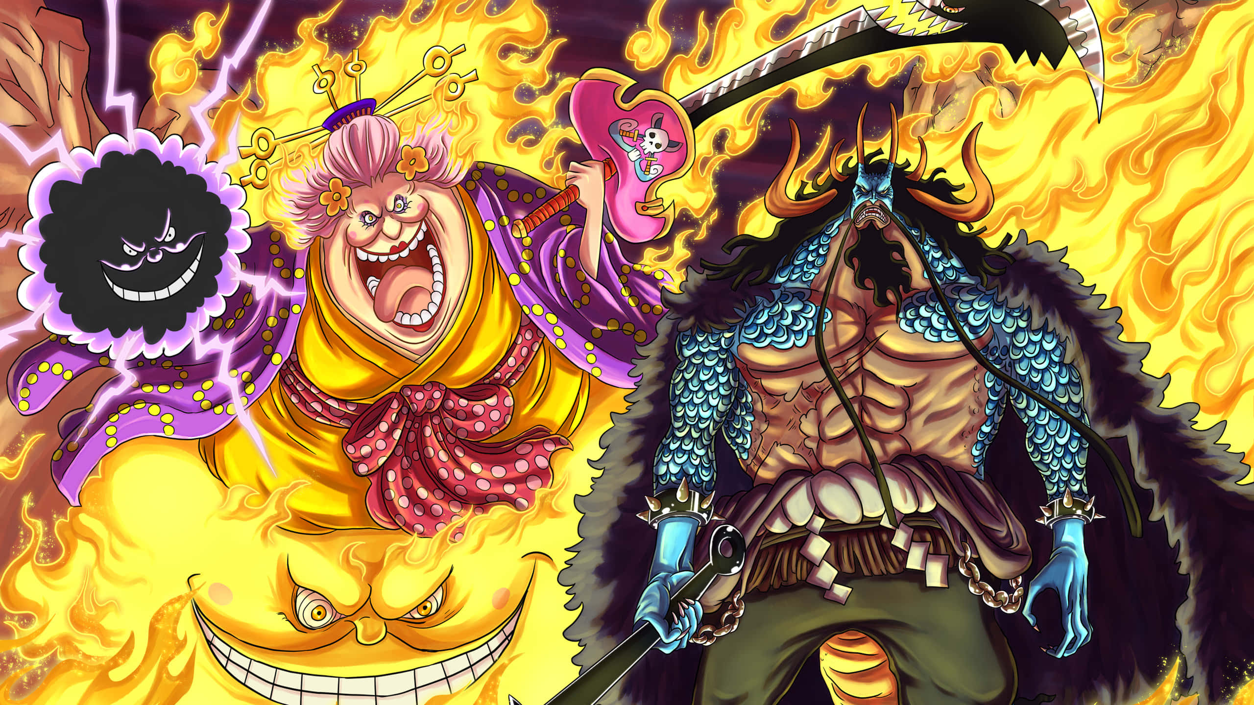 Fierce pirate Kaido stands tall in front of the bounty hanging from his arm to declare his power Wallpaper
