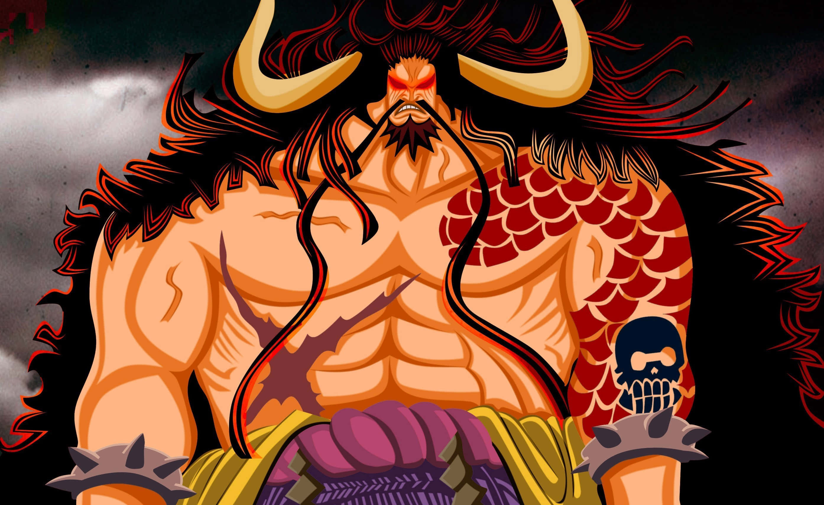 A menacing figure of Kaido of the Thousand Beasts as he stands atop a mountain of skulls Wallpaper