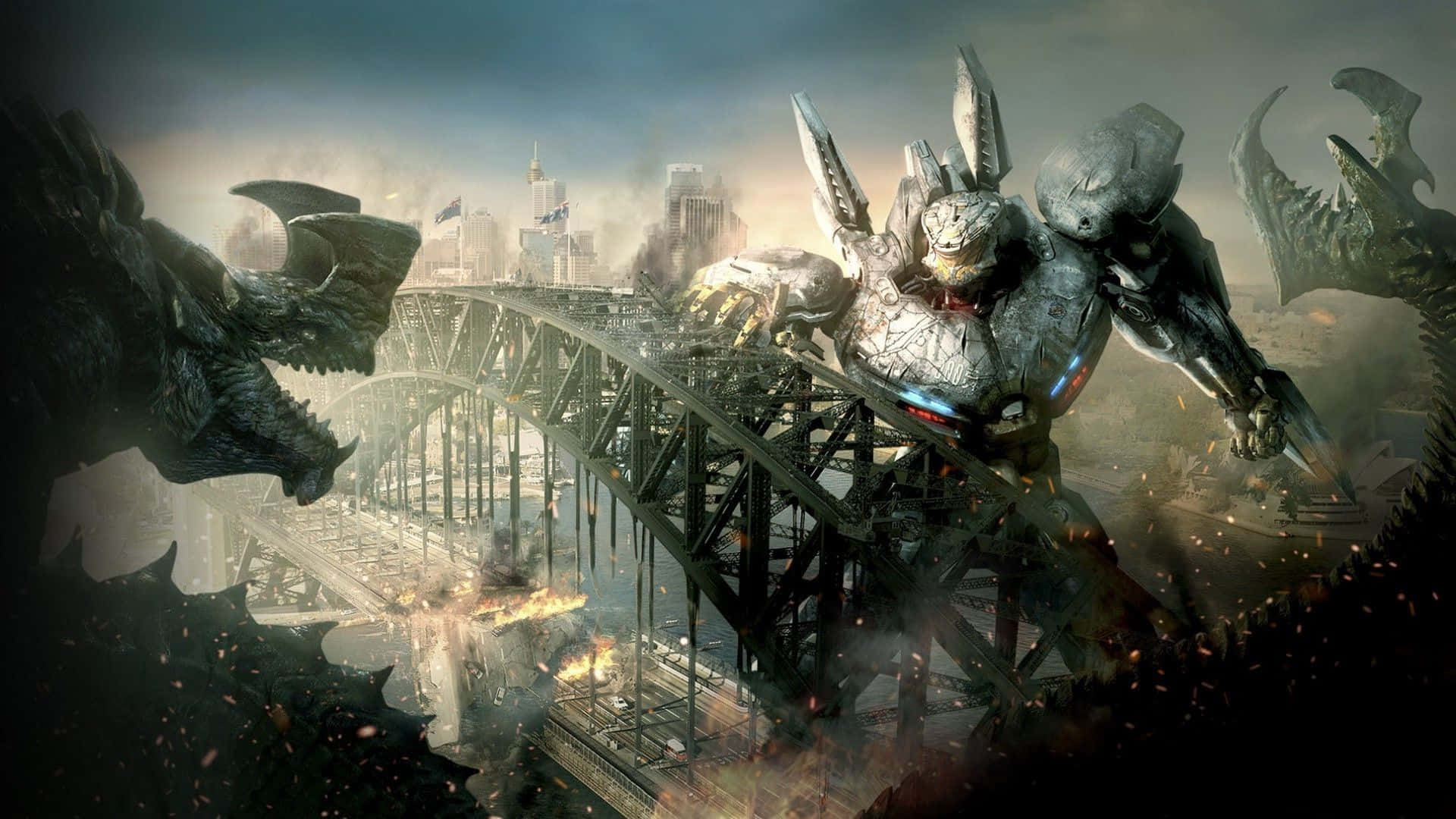 Majestic Kaiju Roaring Amidst a Destructive Cityscape Wallpaper