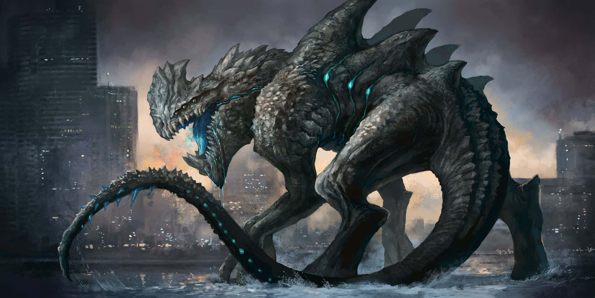 An epic battle unfolds between colossal Kaiju monsters in a city under siege. Wallpaper