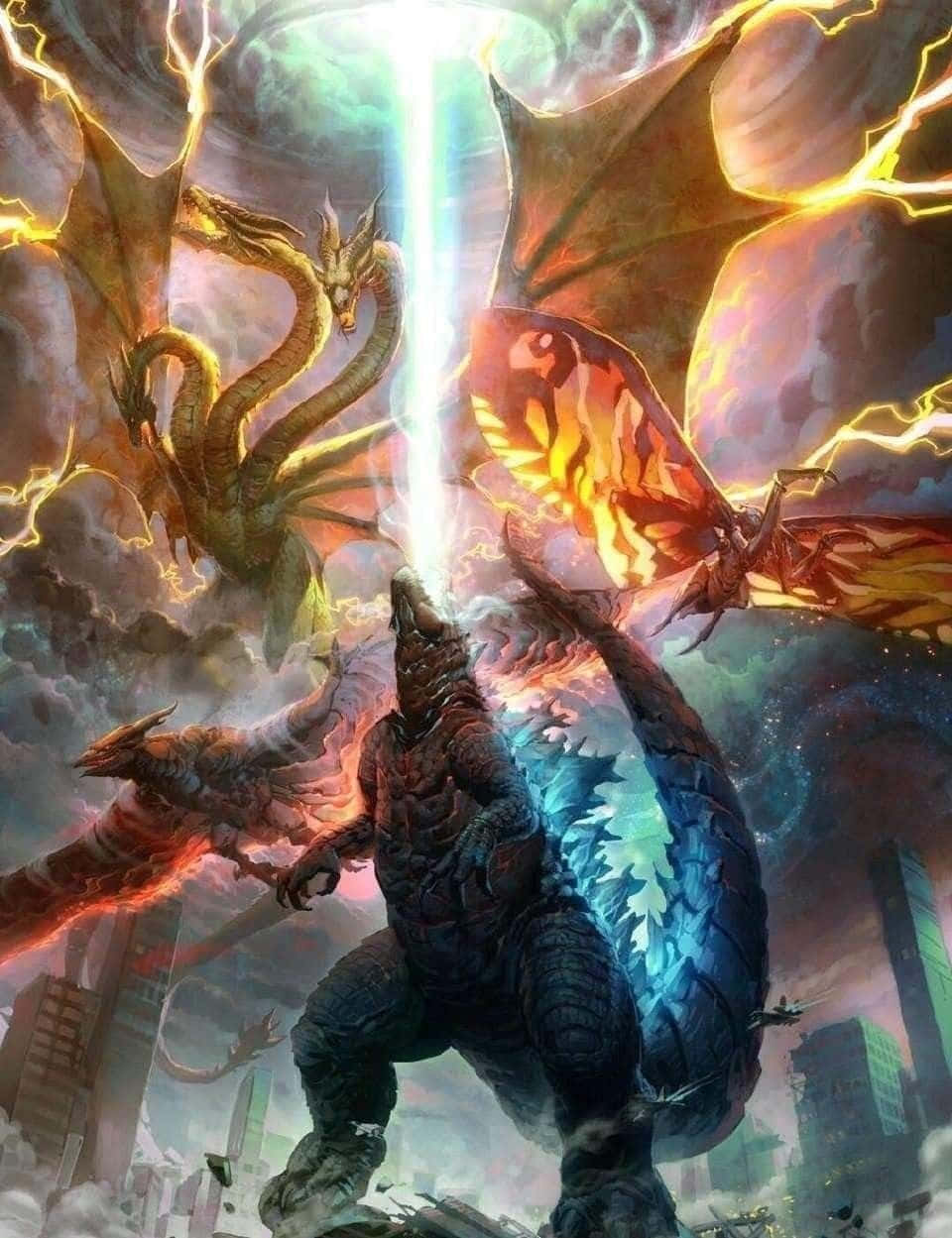 A fierce kaiju monster attacking the city Wallpaper