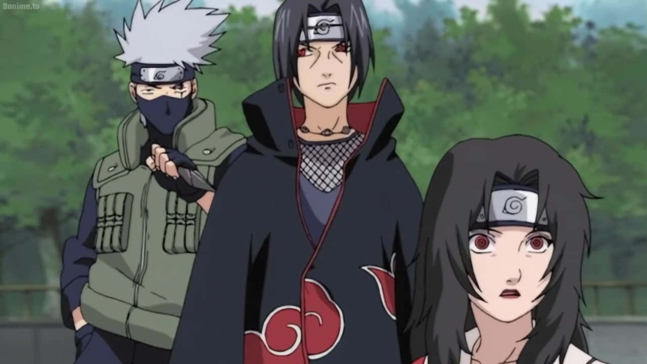 Kakashi and Itachi Standing Back-to-Back in an Intense Stare Wallpaper