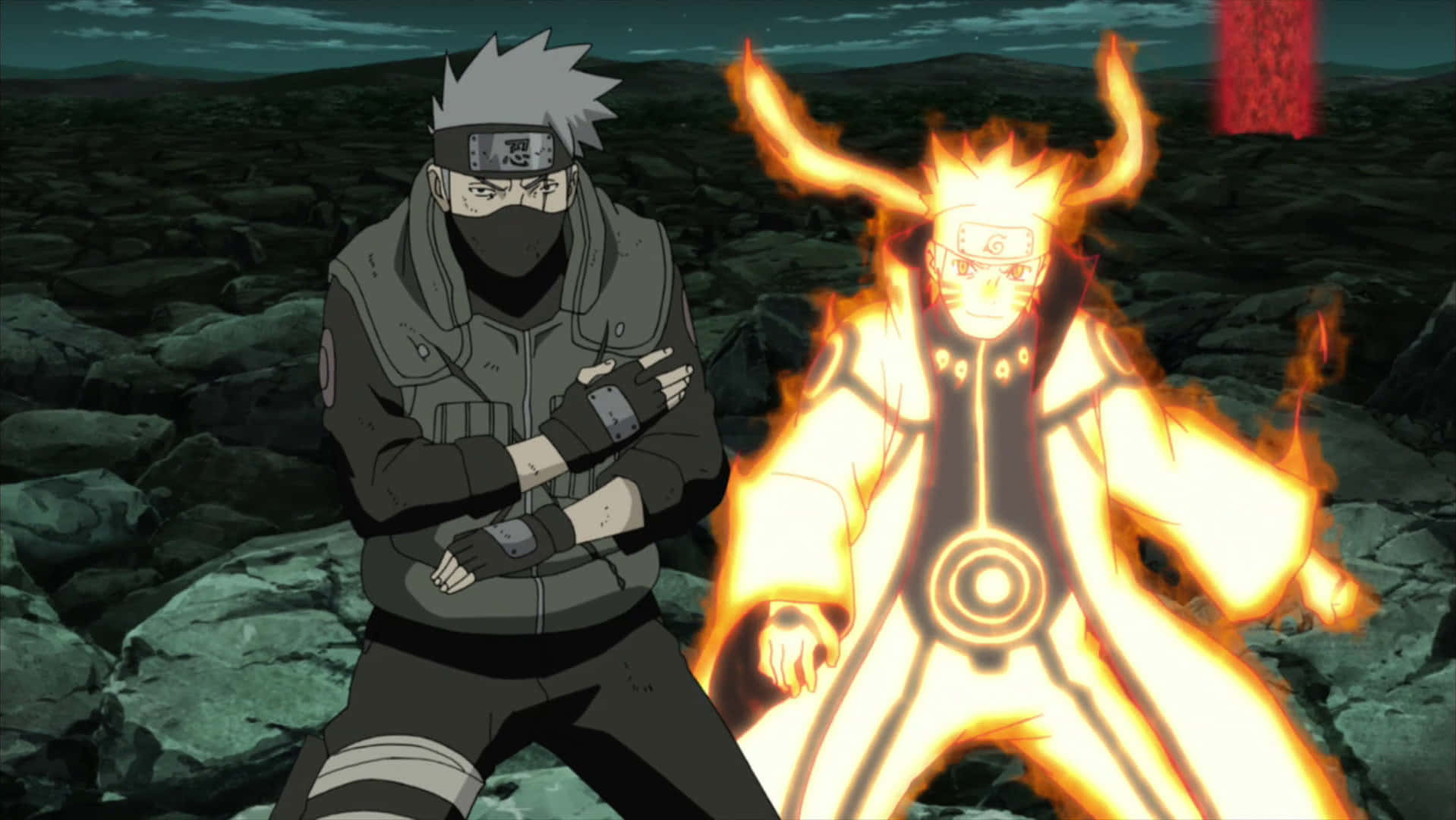 Emocionantemomento En Konoha: Kakashi Y Naruto En Una Colaboración Animada Fondo de pantalla