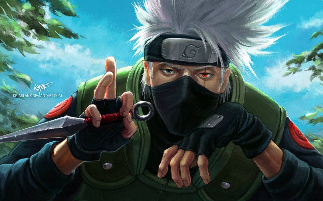Naruto's mentor Kakashi Hatake in battle ready stance with his signature weapon, kunai Wallpaper