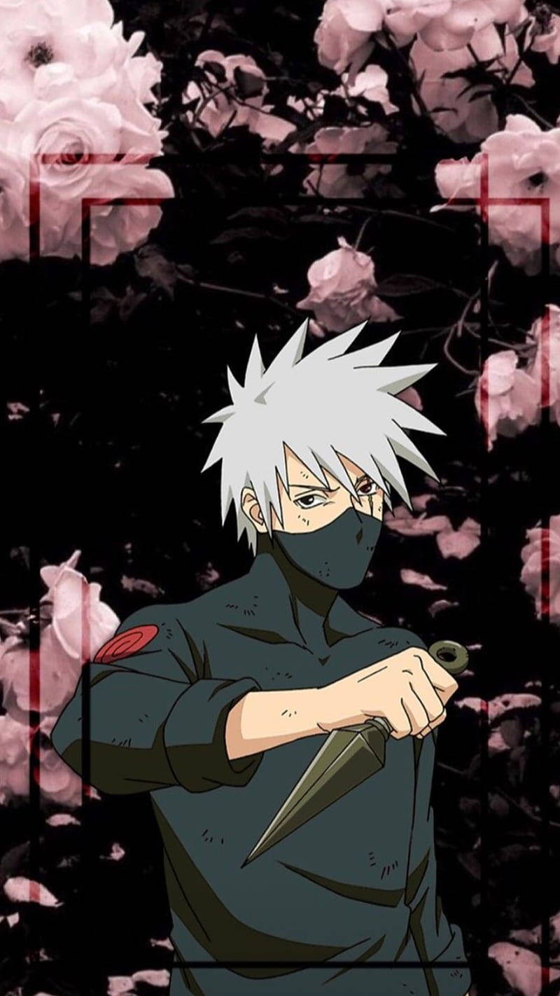 Kakashi Iphone With Knife And Pink Flowers Wallpaper