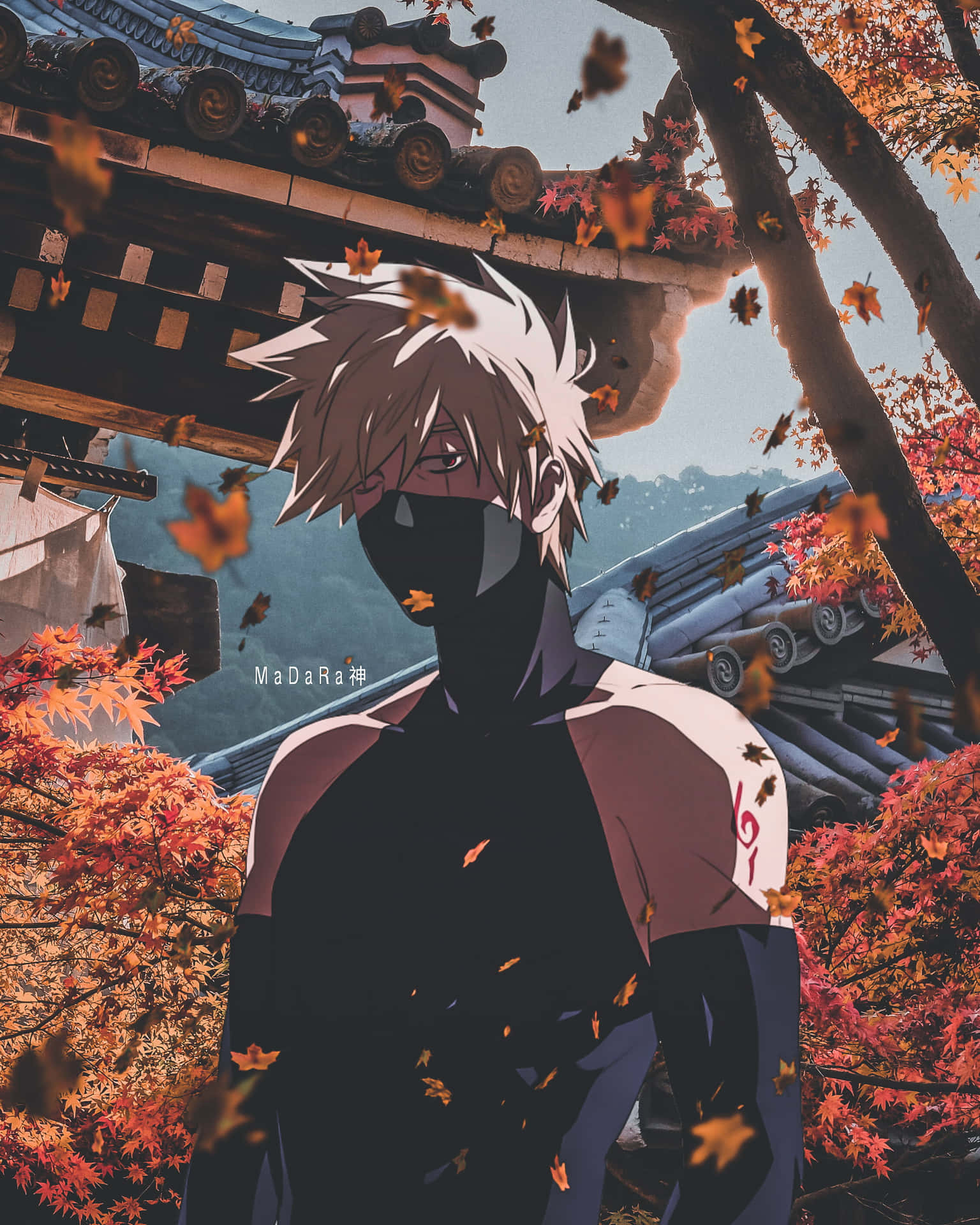 Kakashi omgivet af efterårets blade billede tapet