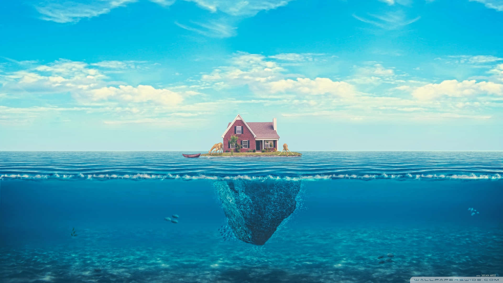 A House Floating In The Ocean With A Blue Sky Wallpaper