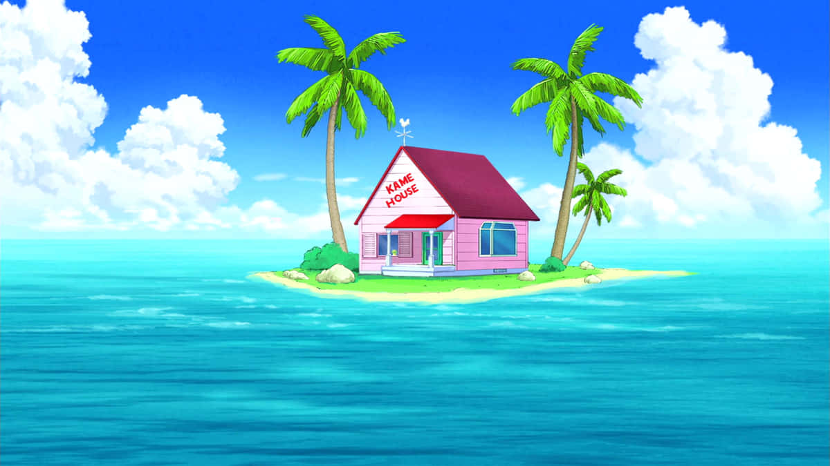 Einpinkfarbenes Haus Auf Einer Insel Mit Palmen. Wallpaper