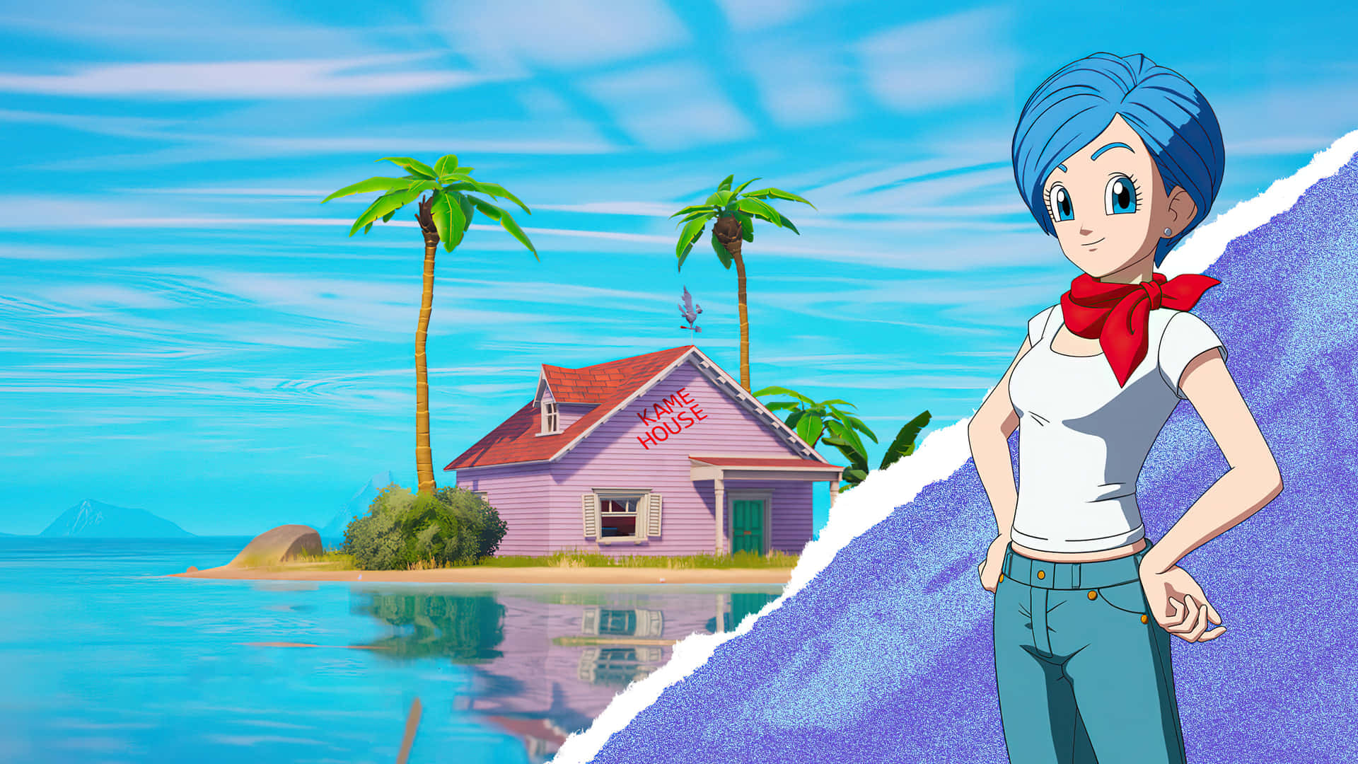 A Cartoon Girl Standing Next To A House And Ocean Wallpaper