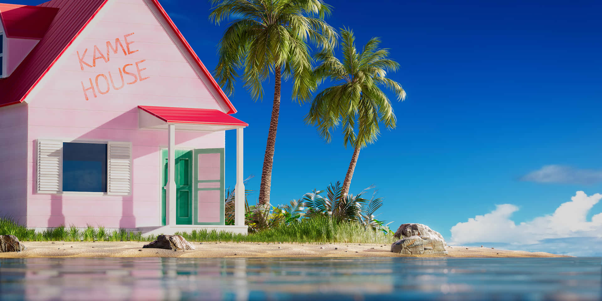 En pink hus på stranden med palmer Wallpaper