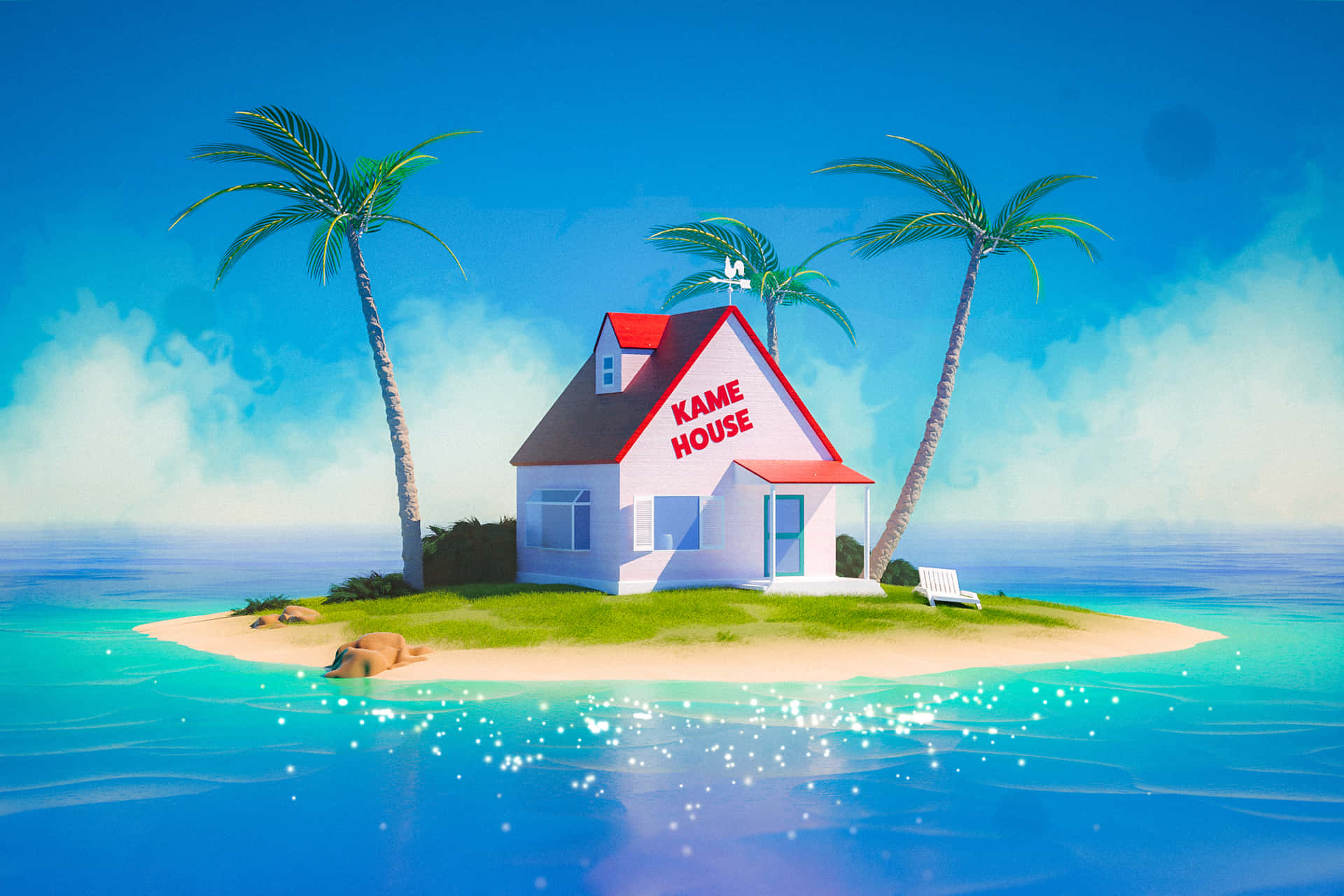 Et hus på en ø med palmer Wallpaper