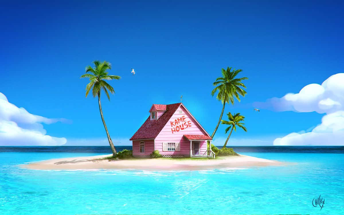 Einrosa Haus Auf Einer Insel Mit Palmen. Wallpaper