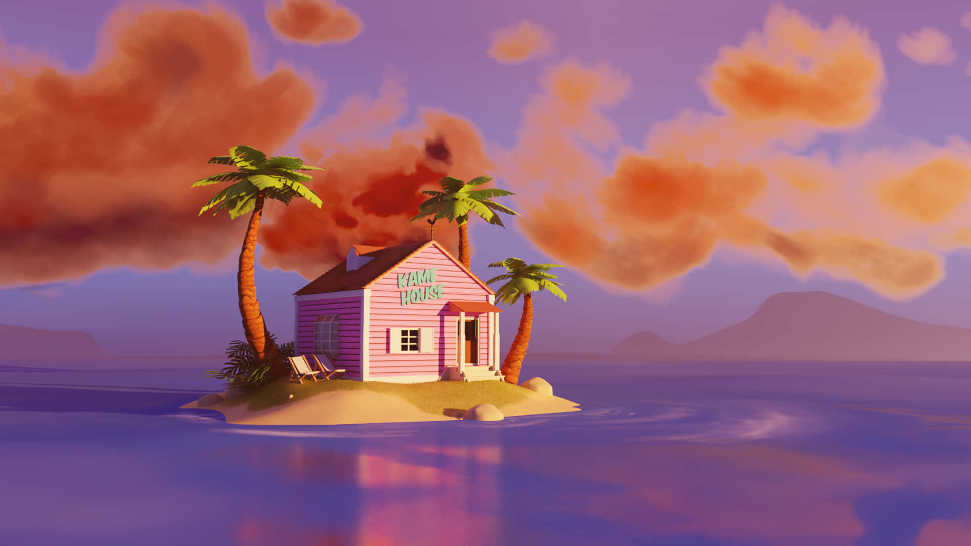 Et pink hus på en ø med palmer Wallpaper