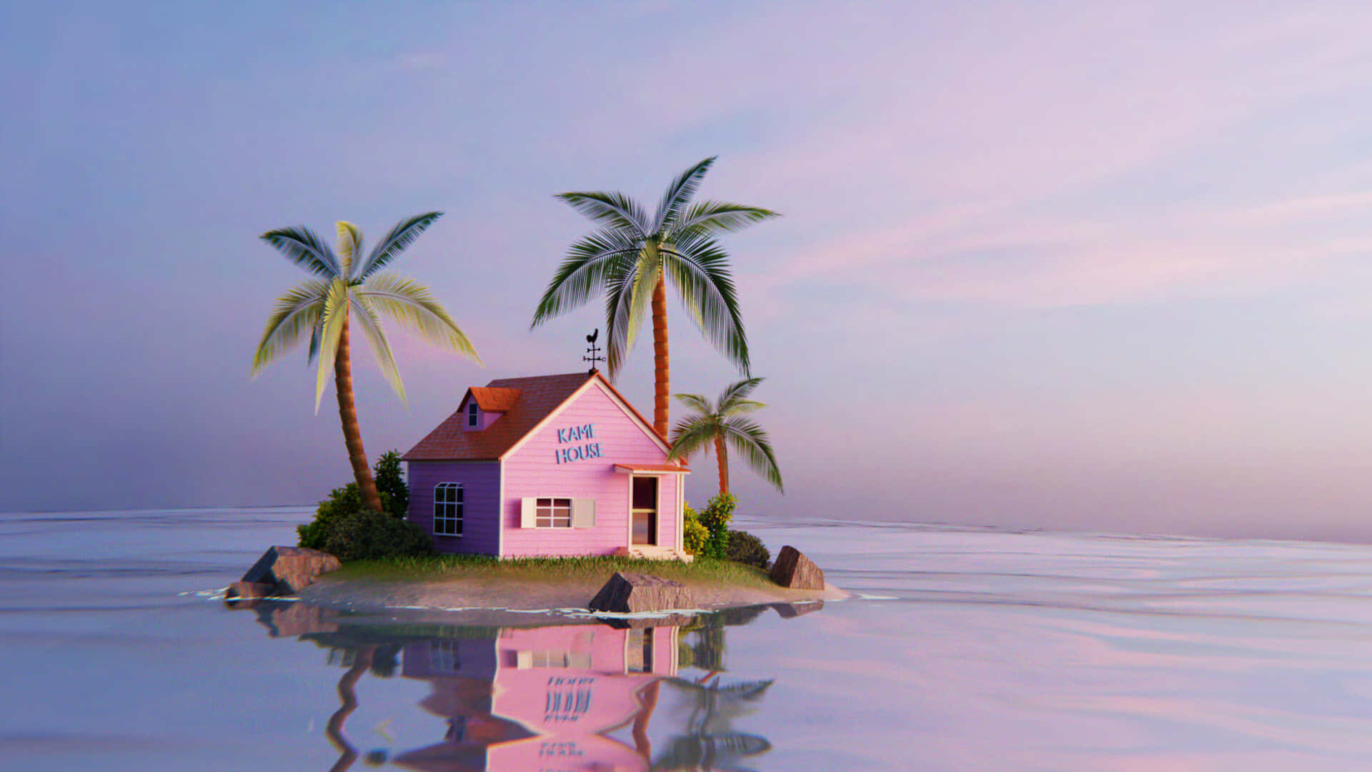 Et pink hus på en ø med palmer Wallpaper