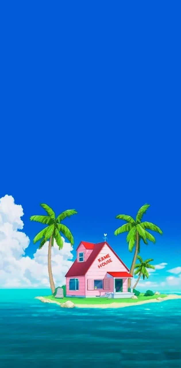 a cartoon house on an island with palm trees Wallpaper