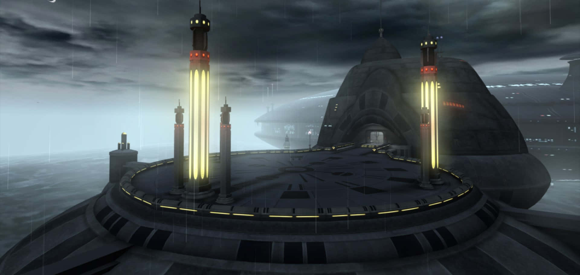 Dramatic view of Kamino's stormy ocean and futuristic architecture Wallpaper