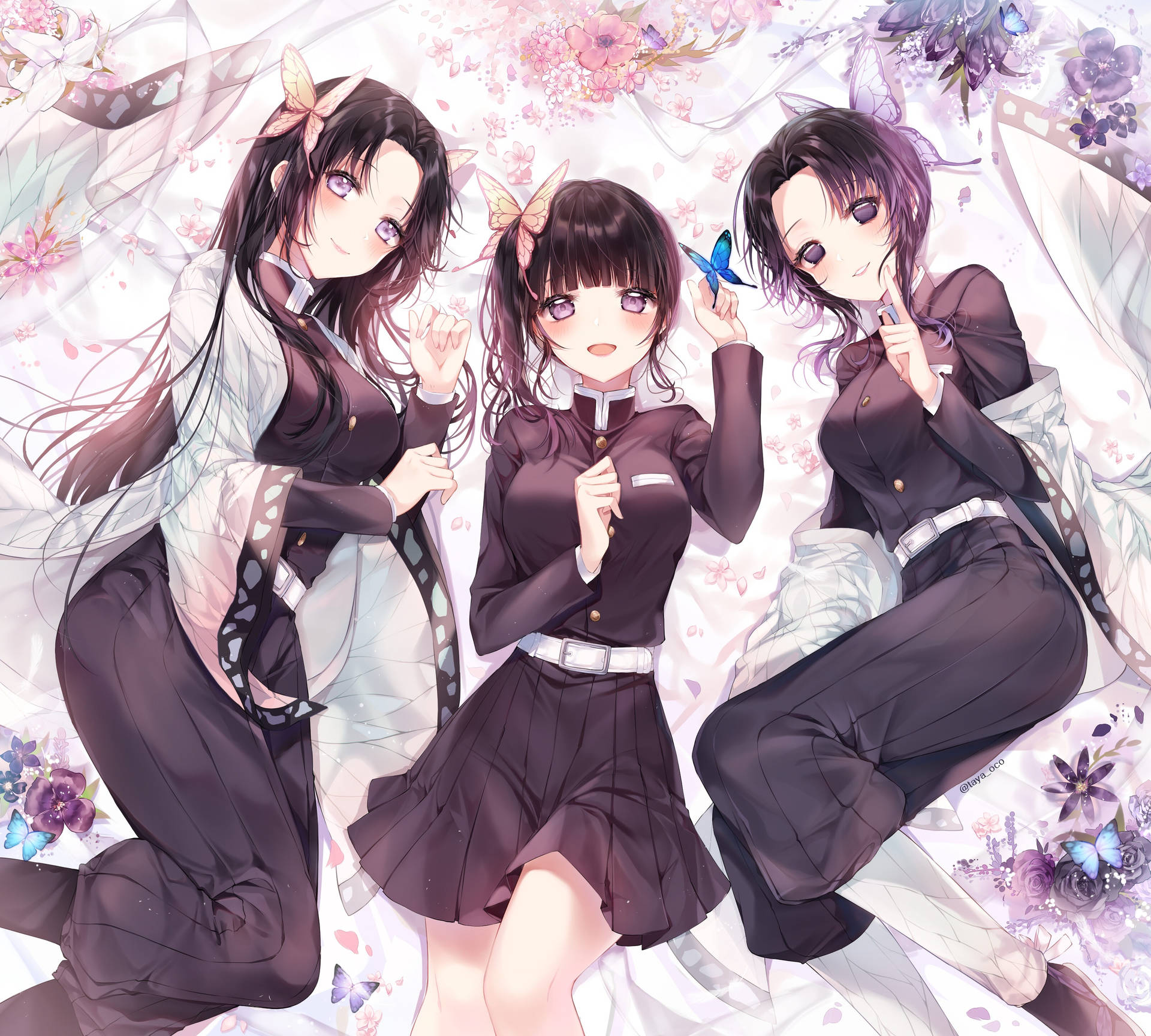 Kanae Kocho Sisters On Flower Bed Wallpaper