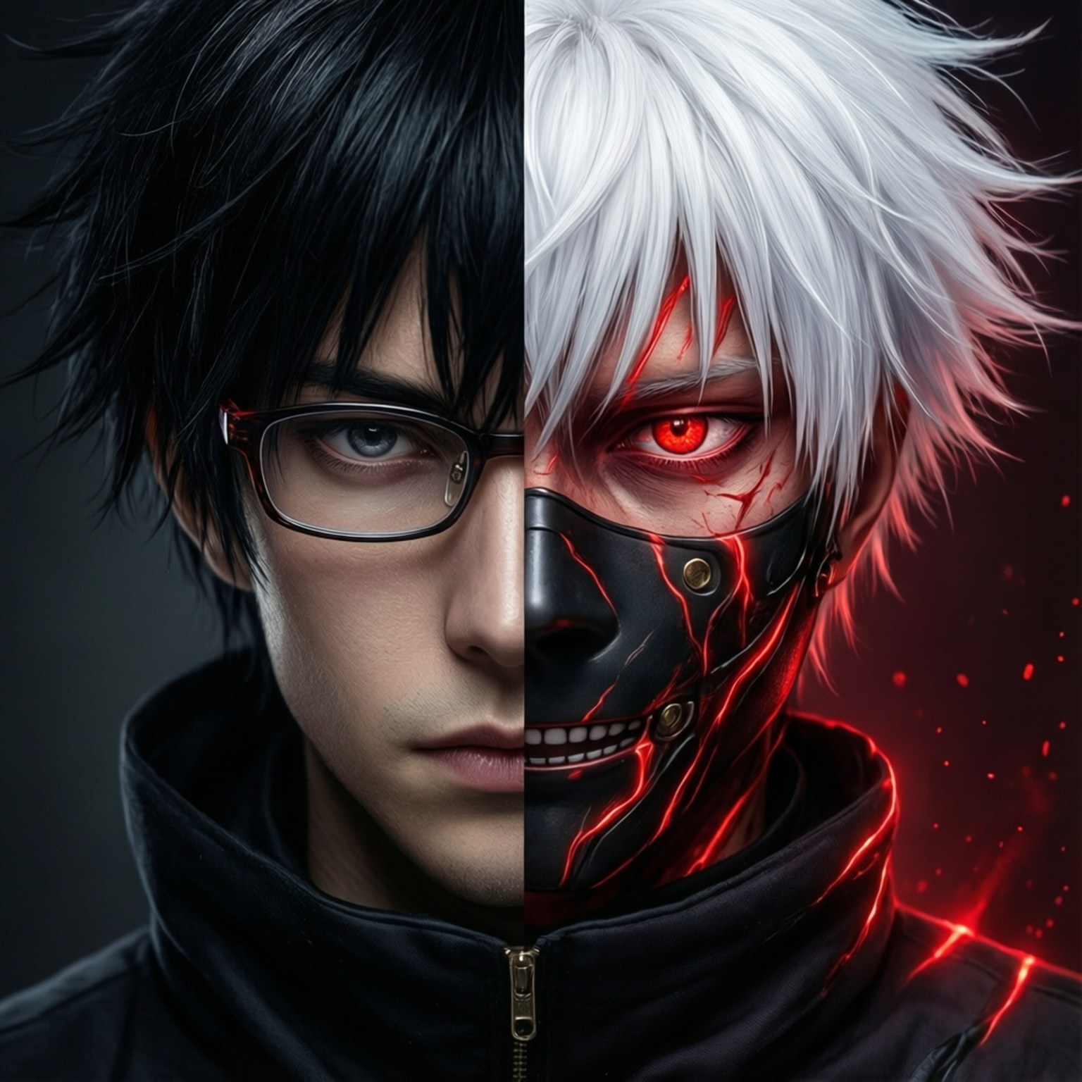 Layar terbagi yang menunjukkan sisi manusia dan ghoul Kaneki.