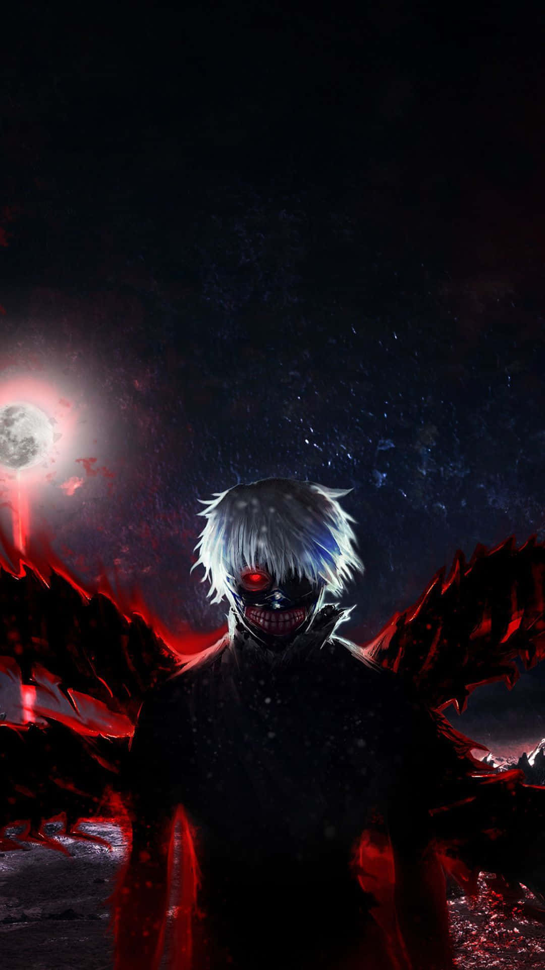 En demon med røde øjne og en rød måne stirrer fra en sort og grå borg. Wallpaper