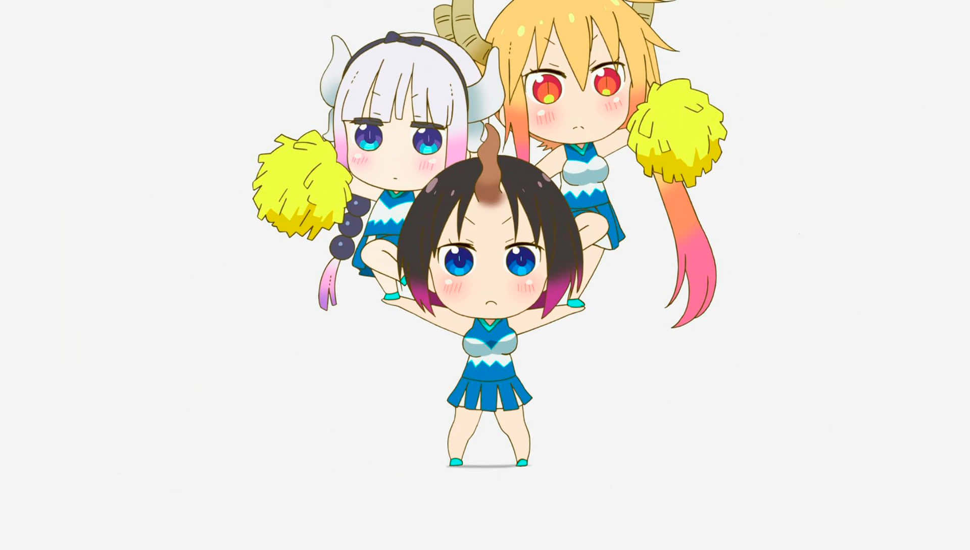 Three Anime Girls In Blue And Yellow Cheerleader Outfits Wallpaper