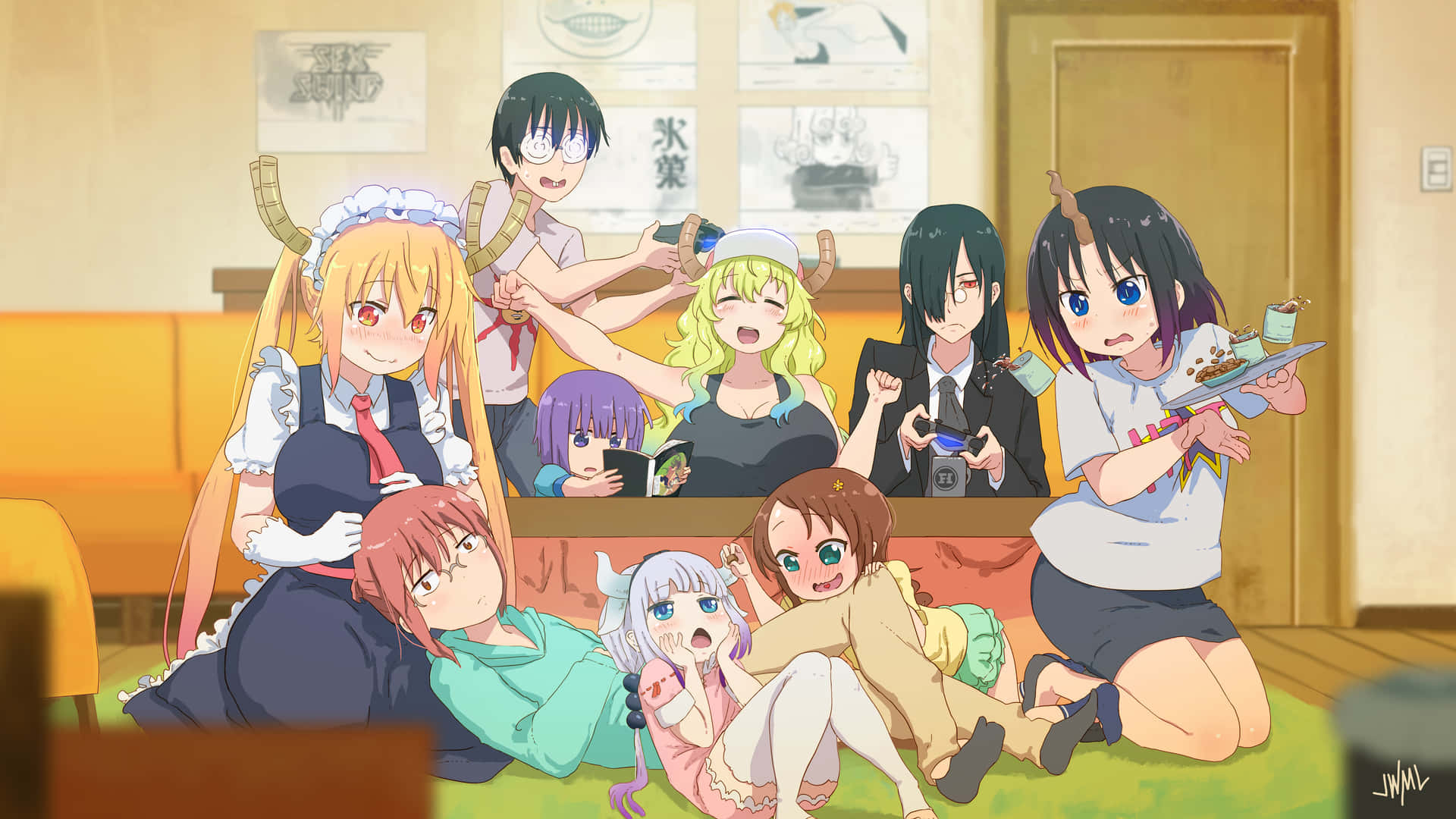 En gruppe anime piger, der sidder på gulvet Wallpaper
