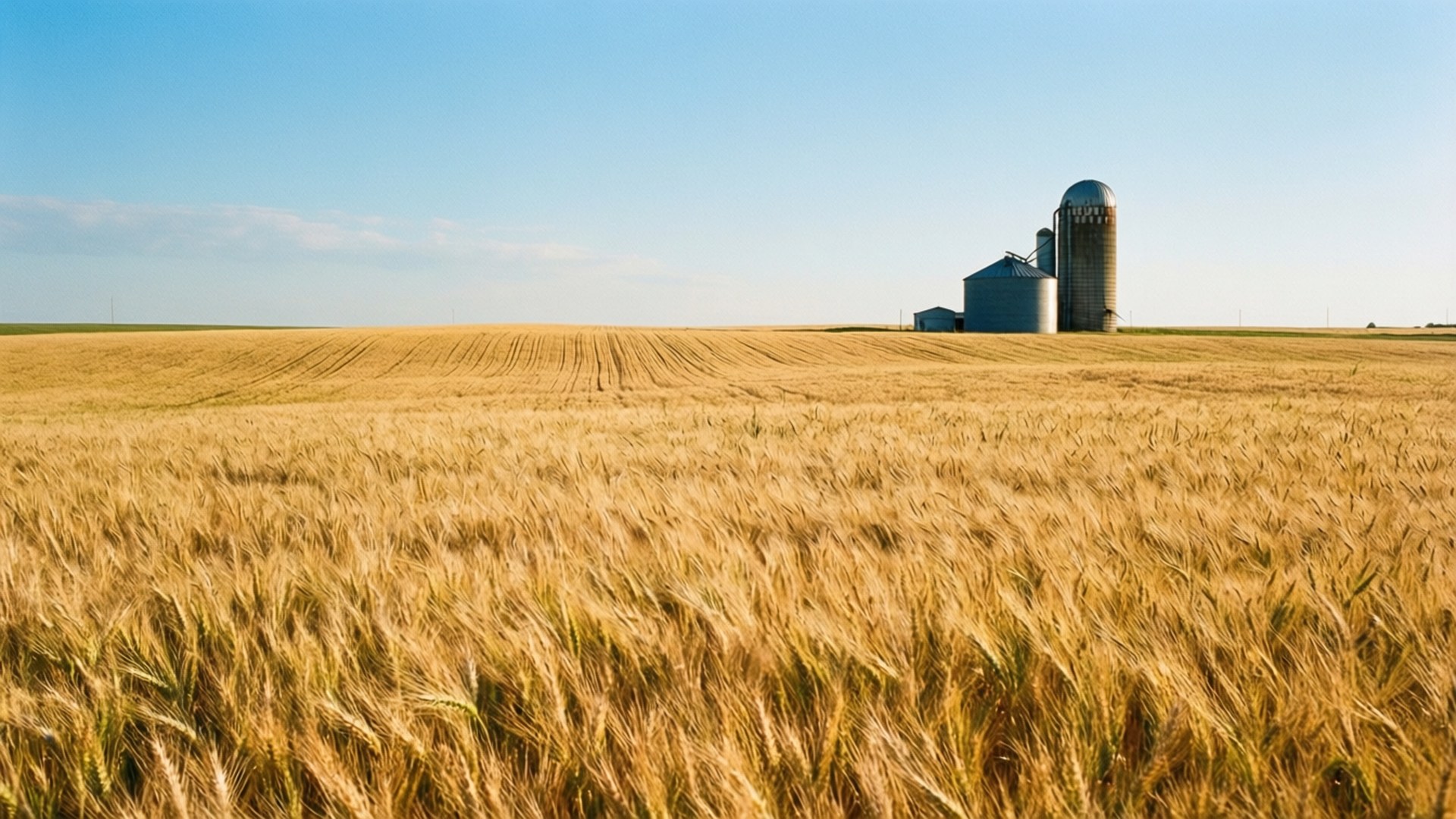 Kansas Wheat Fields Wallpaper — A vast golden wheat field stretches toward a clear blue sky with a silo and barn standing in the distance.