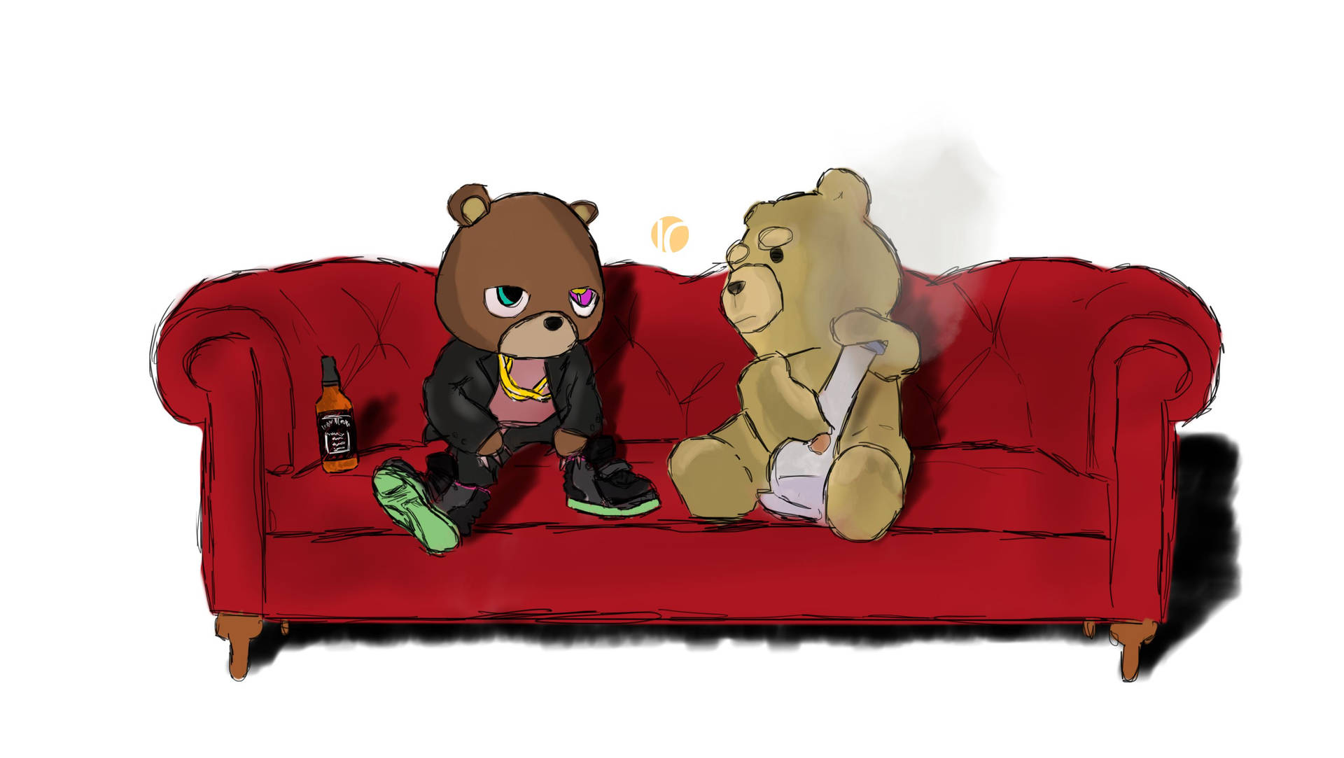 Kanye West Bear And Ted On Red Couch Wallpaper