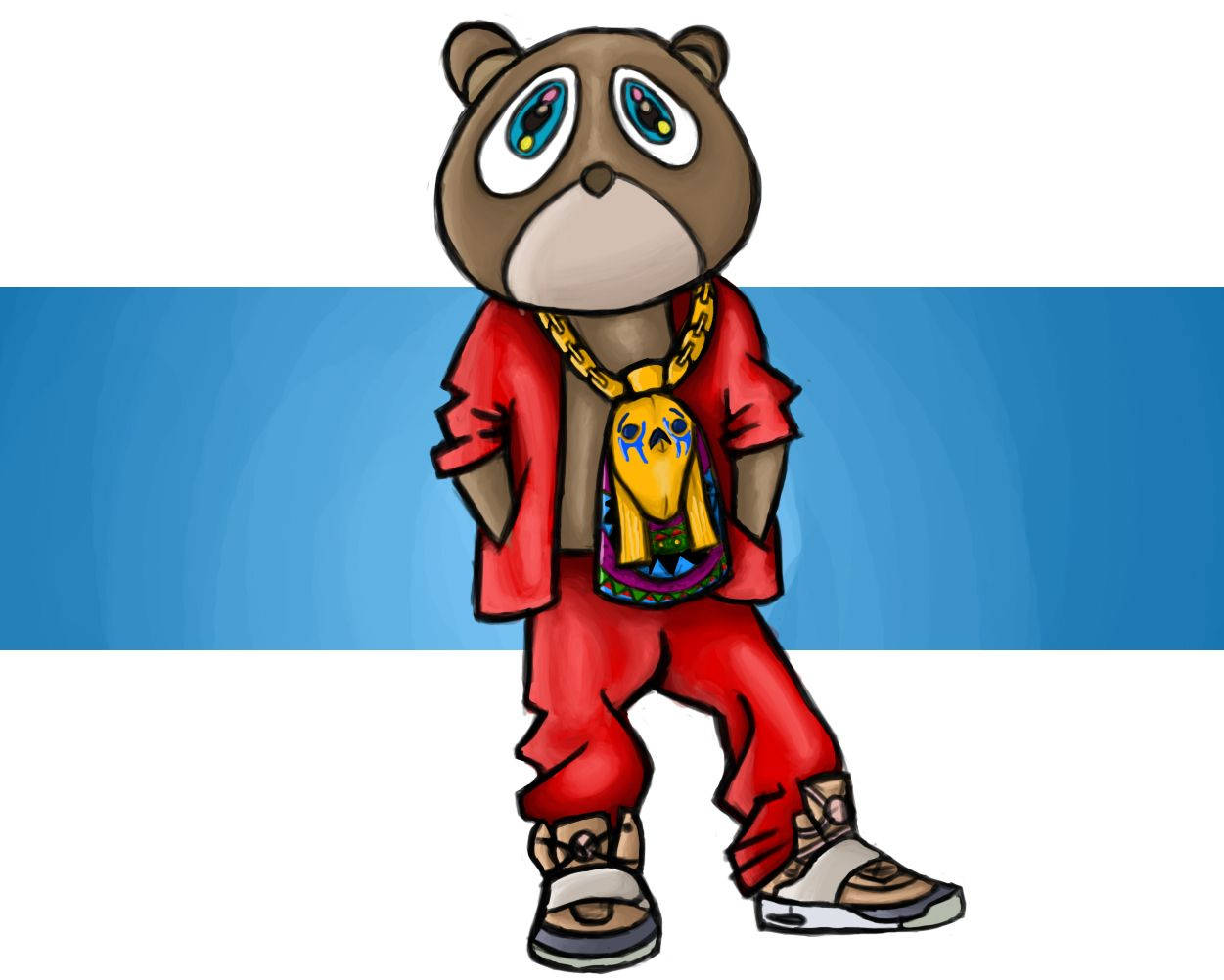 Kanye West Bear Fan Art In Red Clothes Background