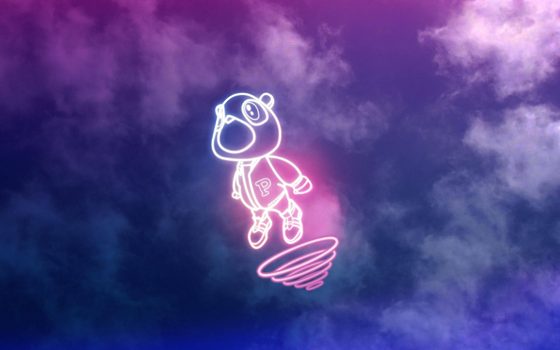 Kanye West Bear Neon Aesthetic Purple Sky Background