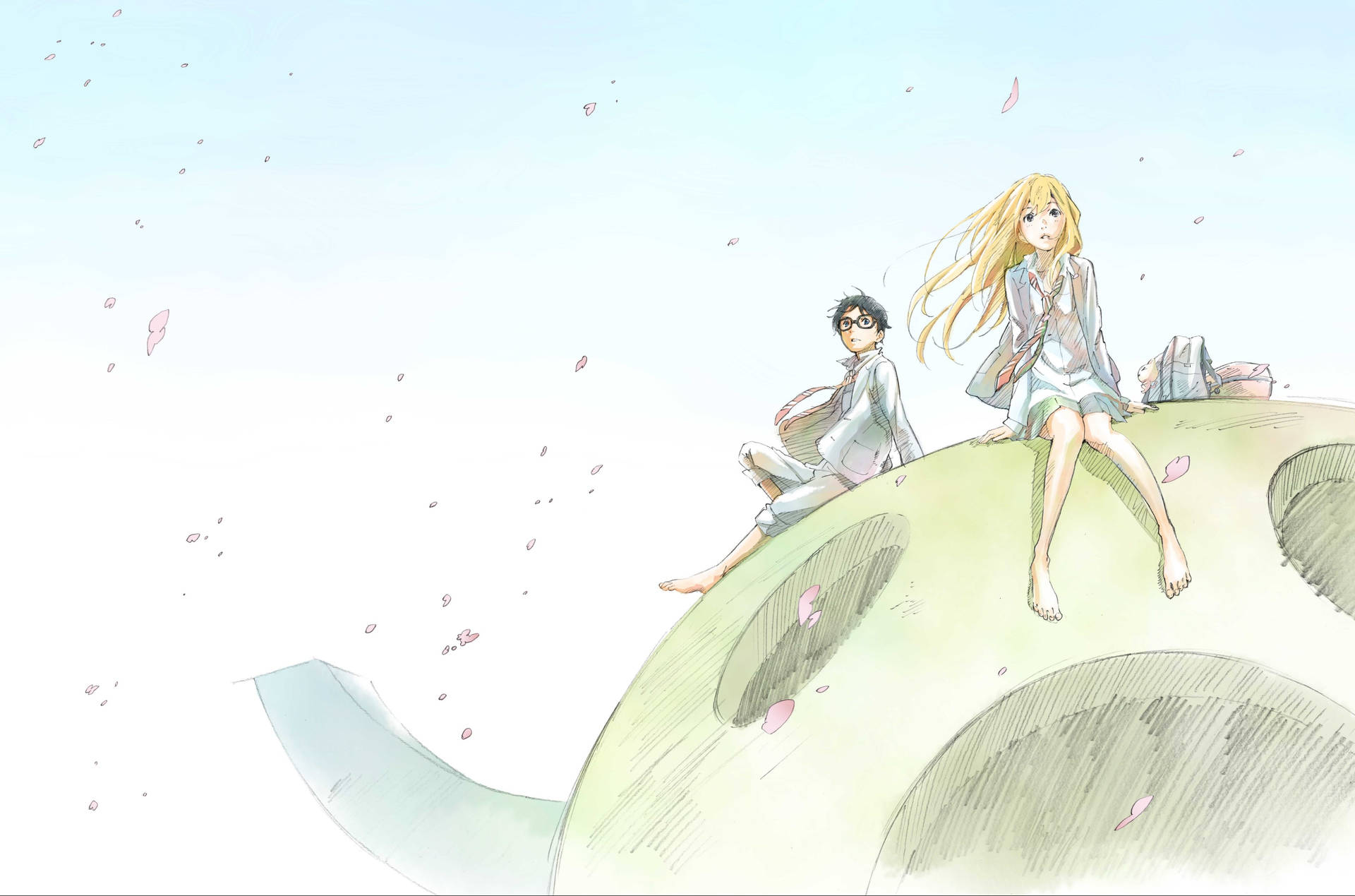 Kaori and Kosei embrace in a moment of peace and love Wallpaper