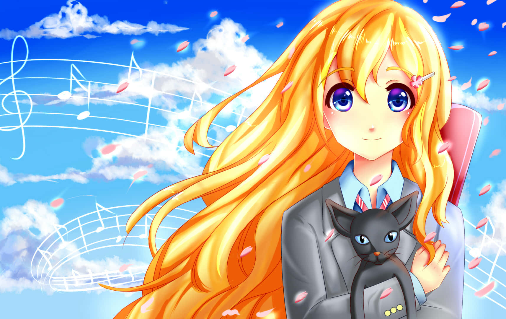 Kaori Miyazono Personnage Anime Avec Chat Fond d'écran