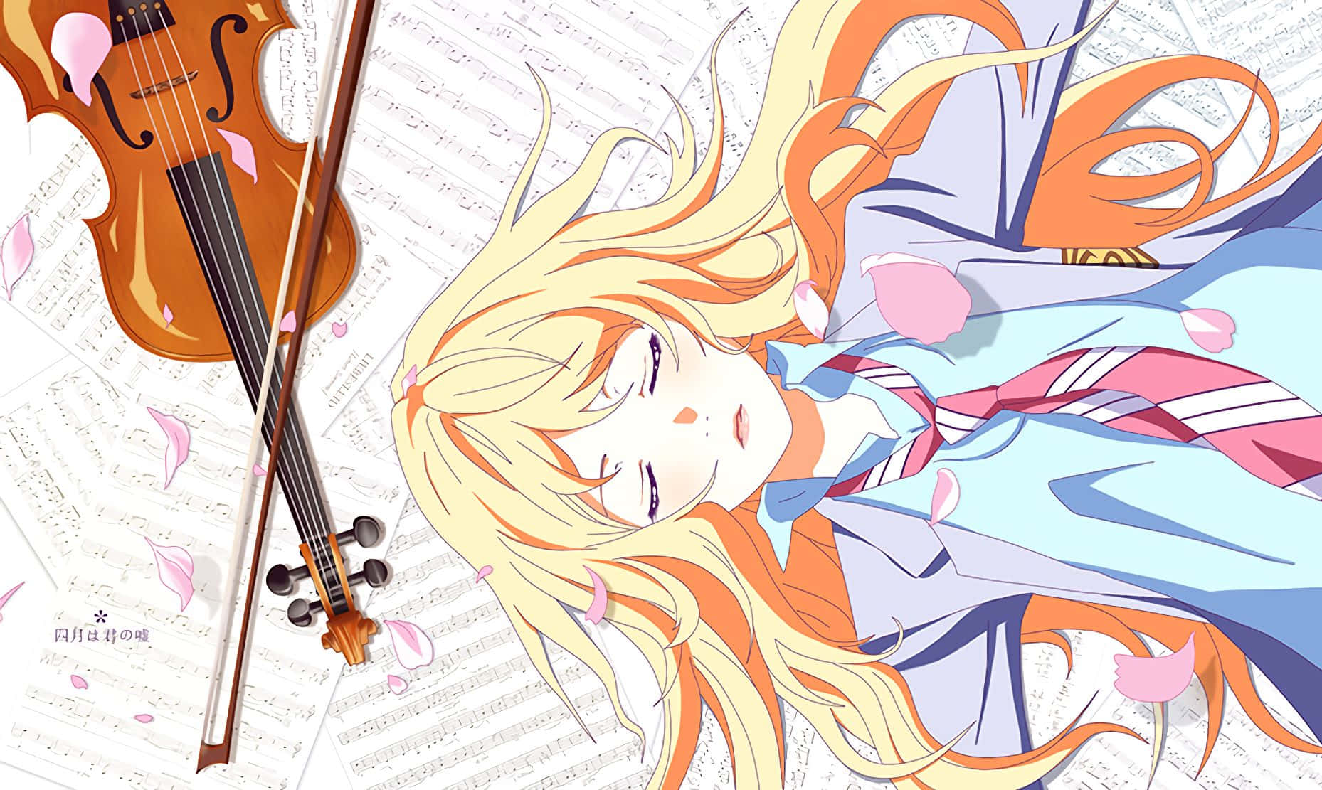 Kaori Miyazono Violon Et Pétales De Sakura Fond d'écran