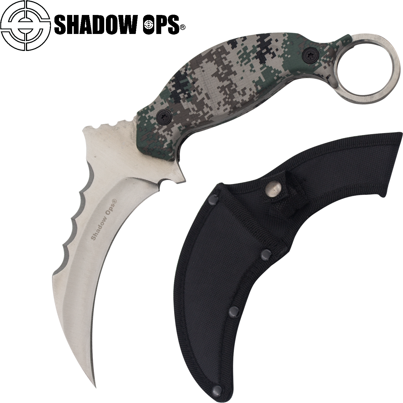 Karambit Knifewith Camouflage Handleand Sheath PNG