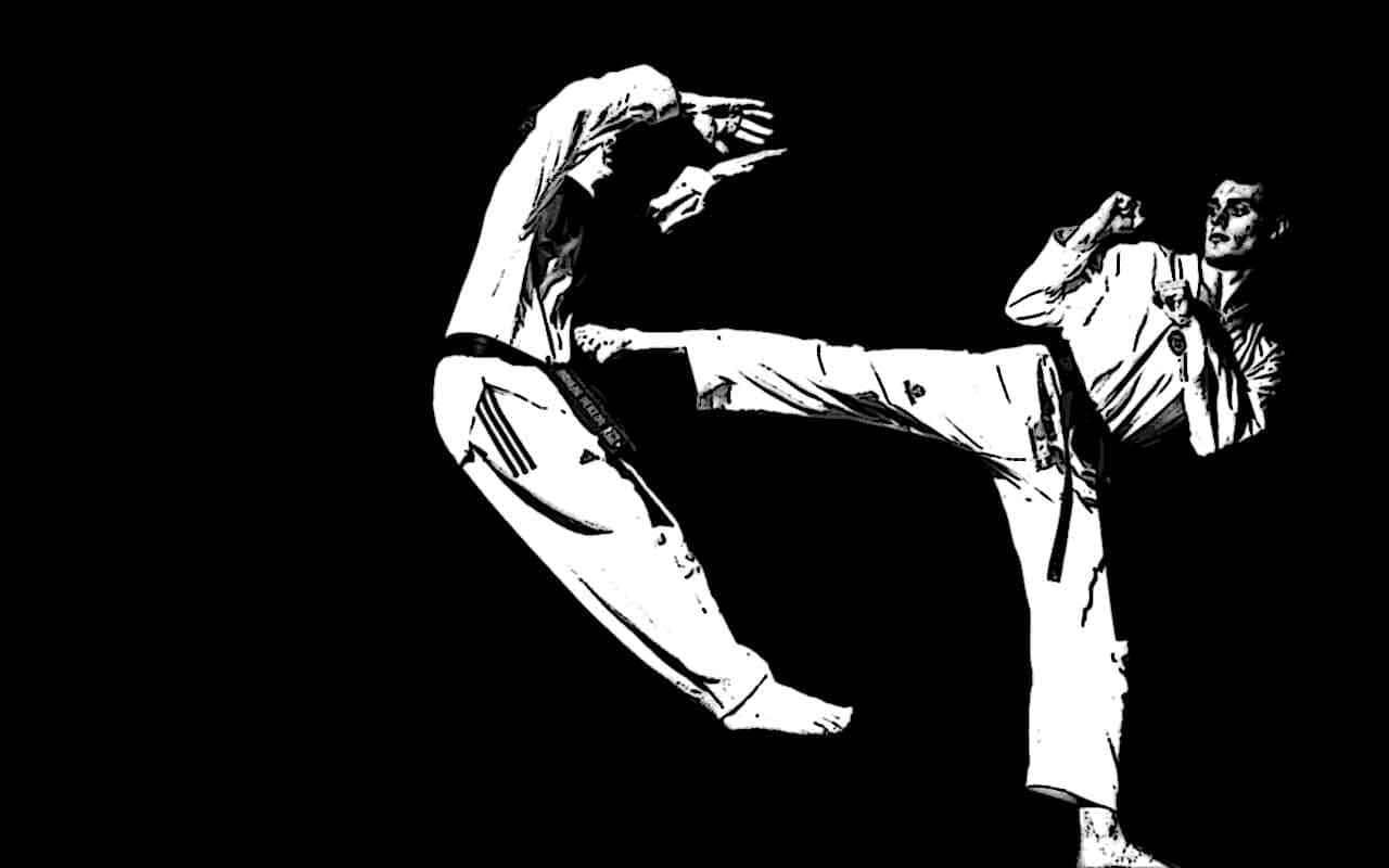 Ensort Og Hvid Illustration Af To Mænd, Der Dyrker Karate
