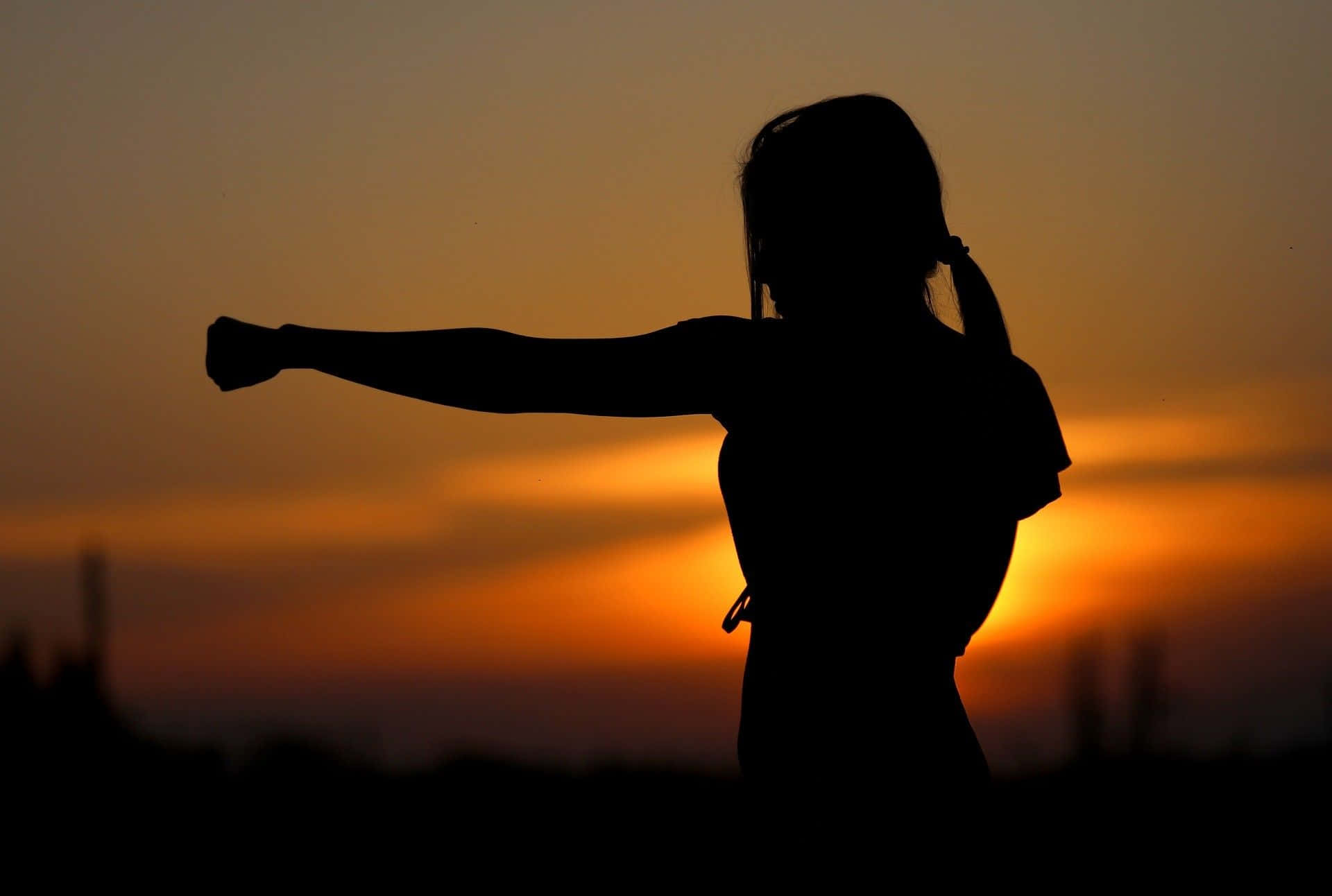 Silhouette Of A Woman With Her Fist Raised In The Air