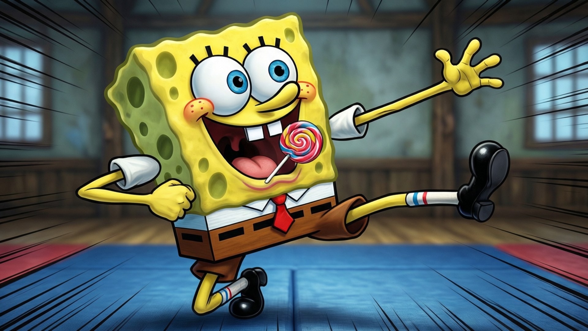 SvampeBob slikker på en slikkepind midt i et karatespark.