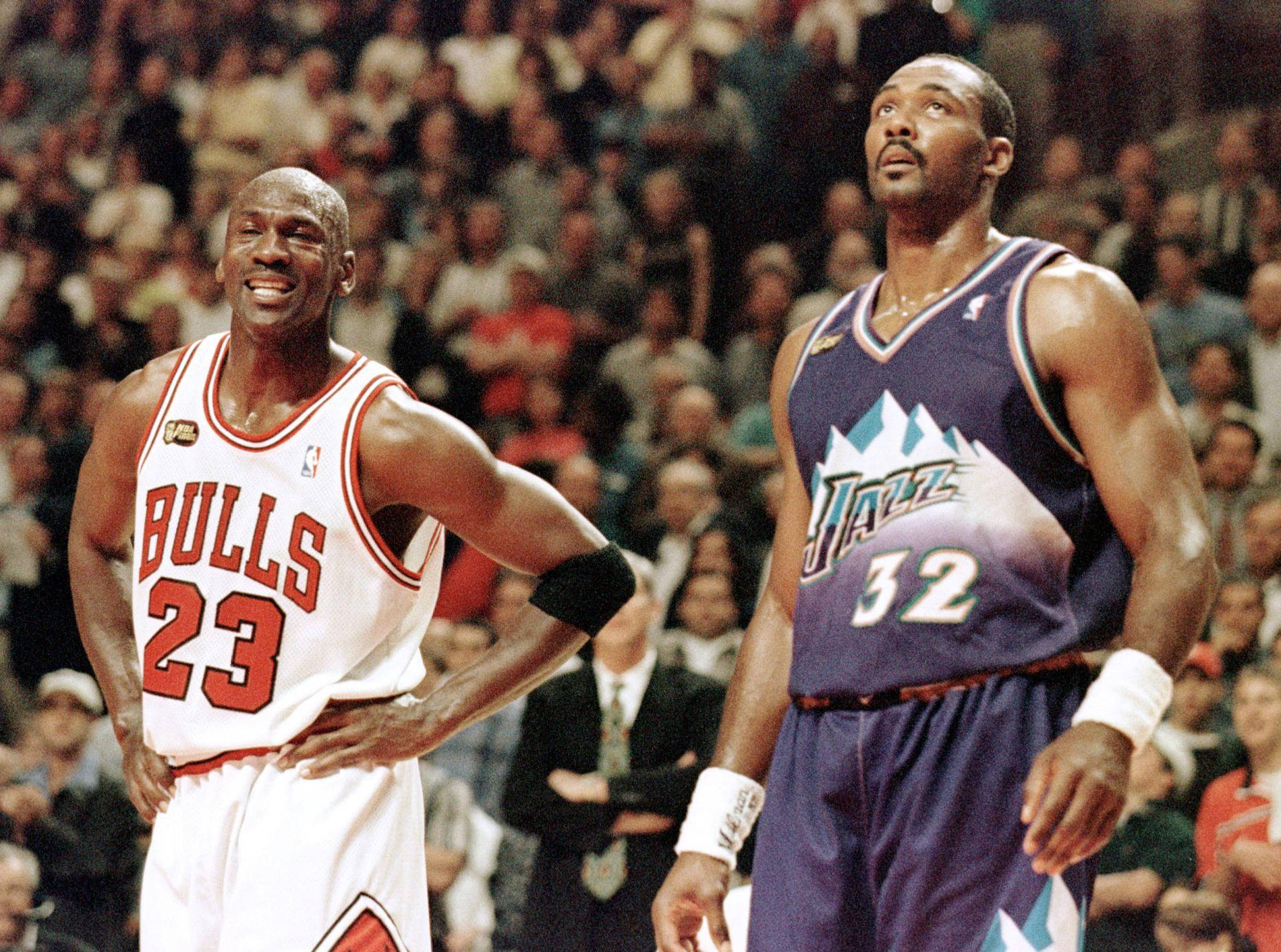 Karl Malone With His Opponent Michael Jordan Picture