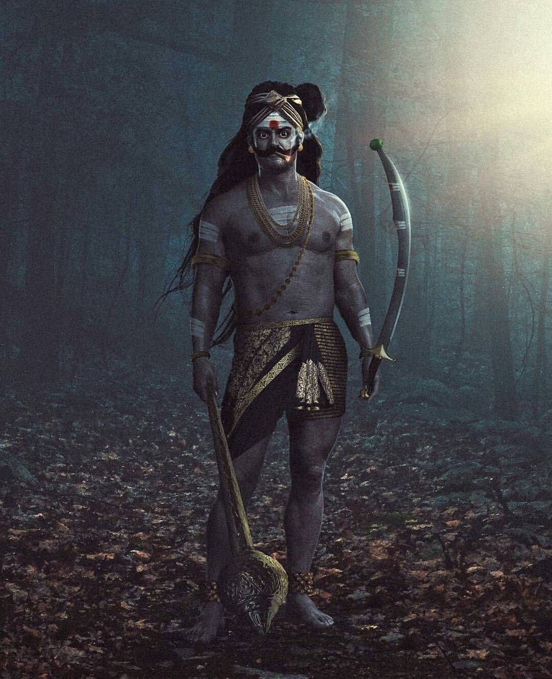 Karuppasamy Holding Weapons In Forest Wallpaper