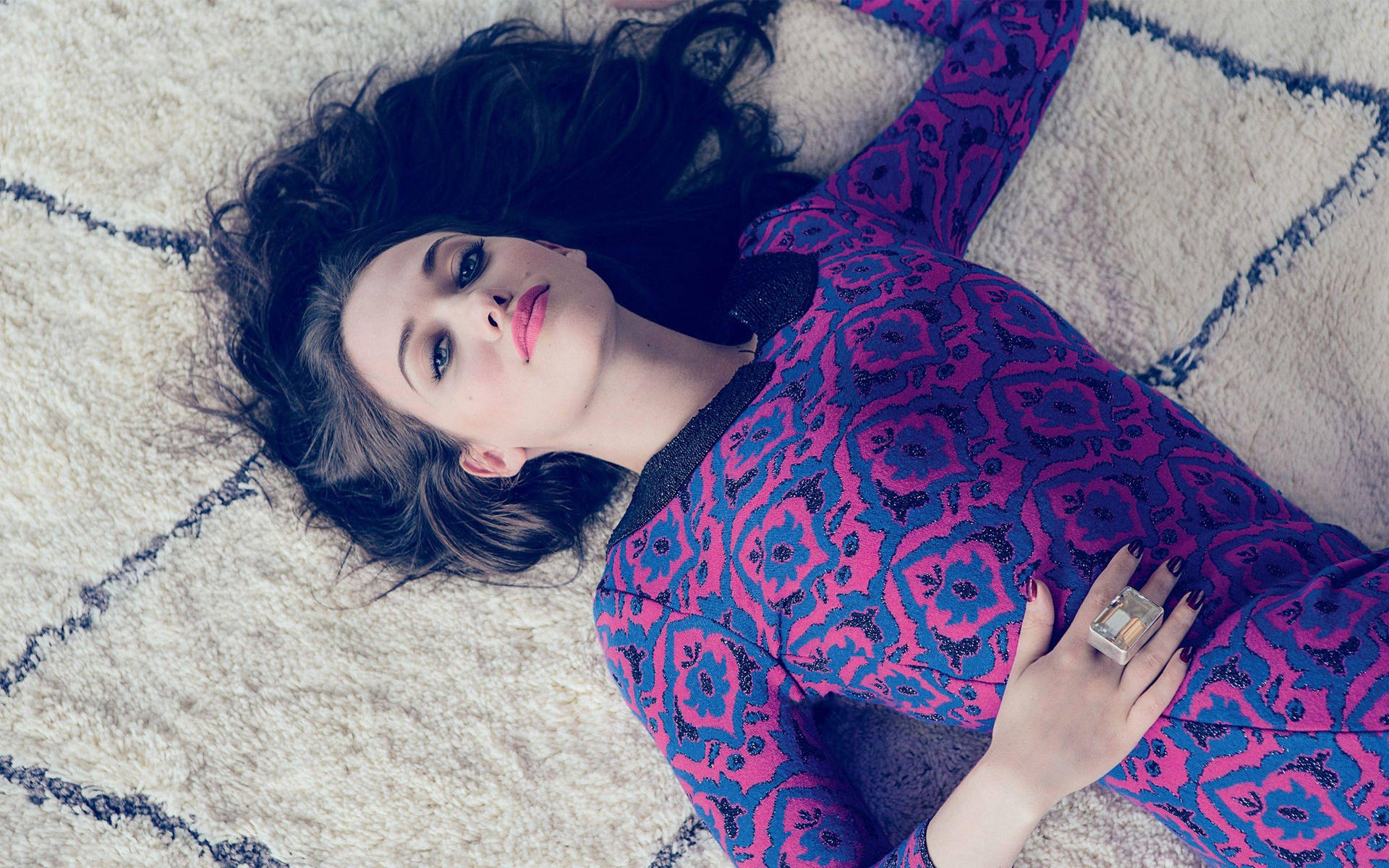 Kat Dennings Lying On Carpet Zooey Magazine Photoshoot Wallpaper