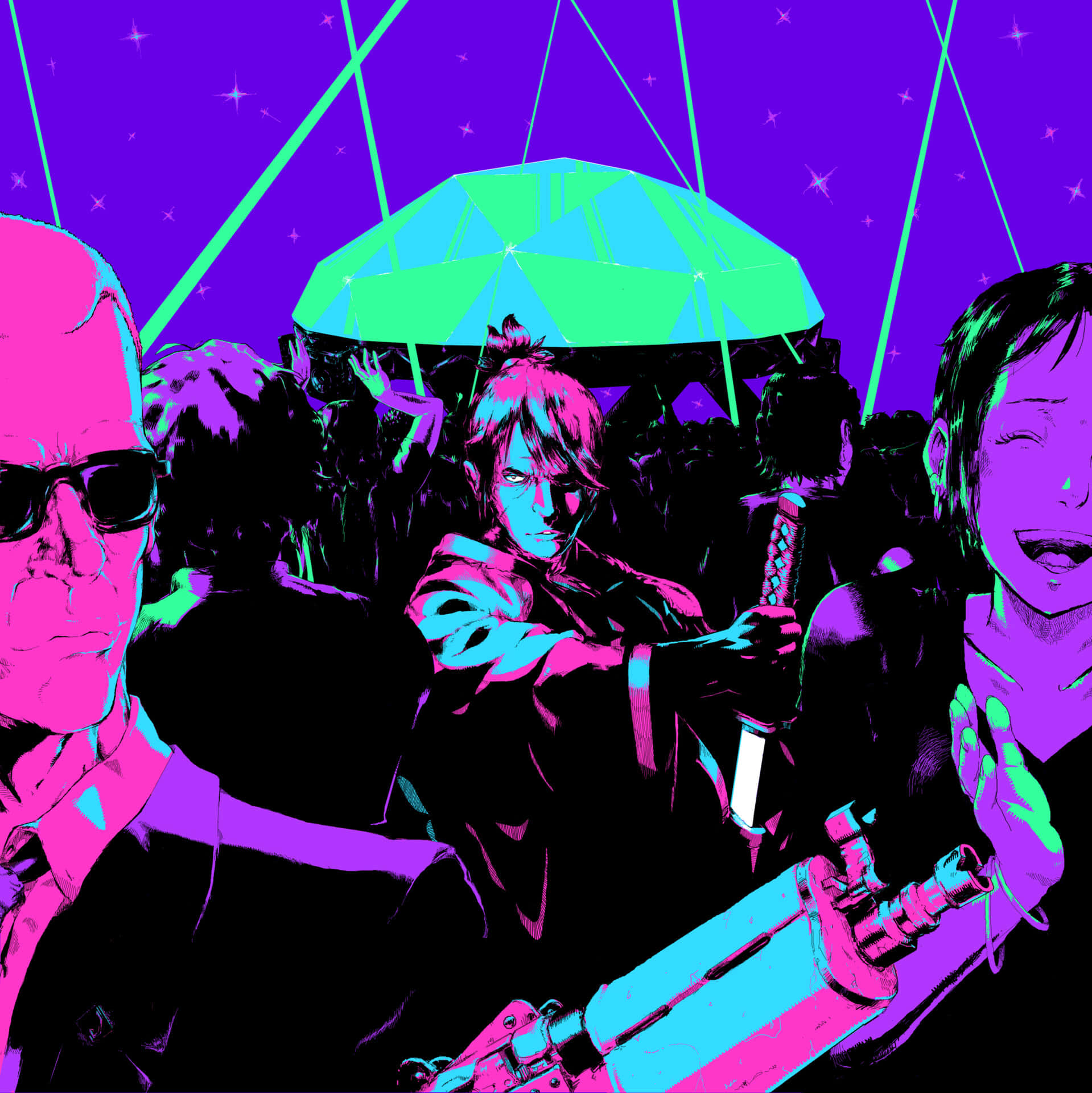 En gruppe mennesker med geværer og solbriller. Wallpaper