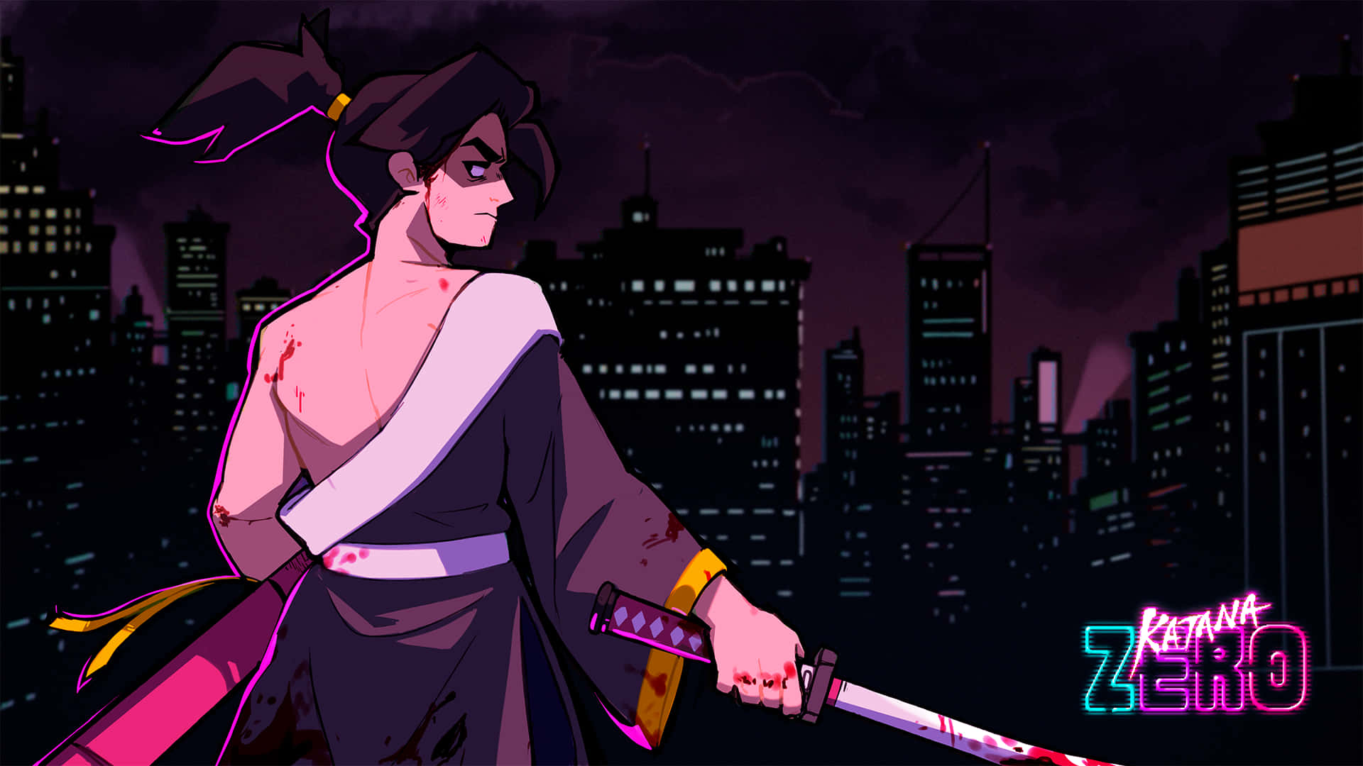 A Woman In A Kimono Holding A Sword In Front Of A City Wallpaper
