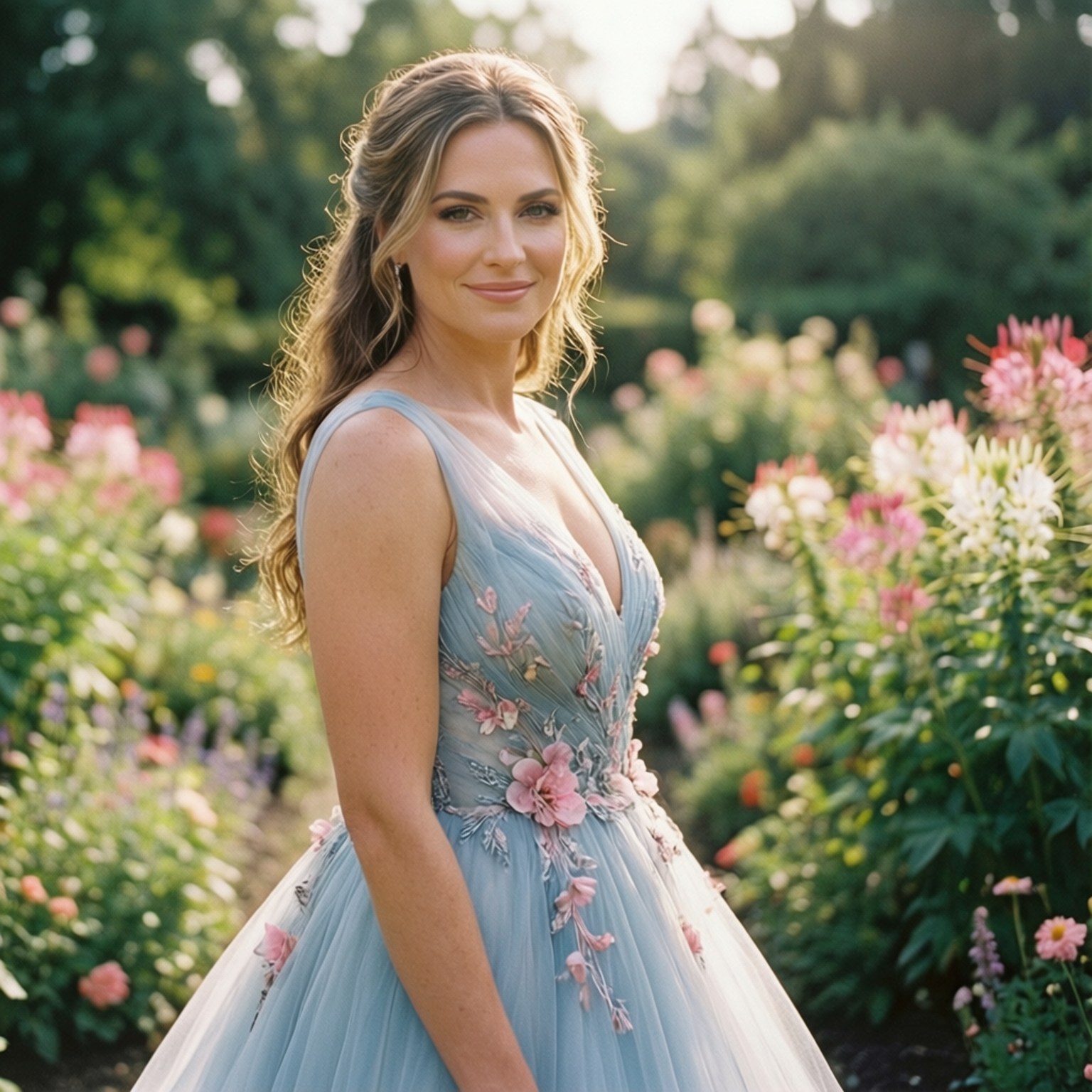 Katrina's Garden Wallpaper — A woman in a light blue floral gown smiles softly amidst a sunlit garden bursting with pink and white blooms.